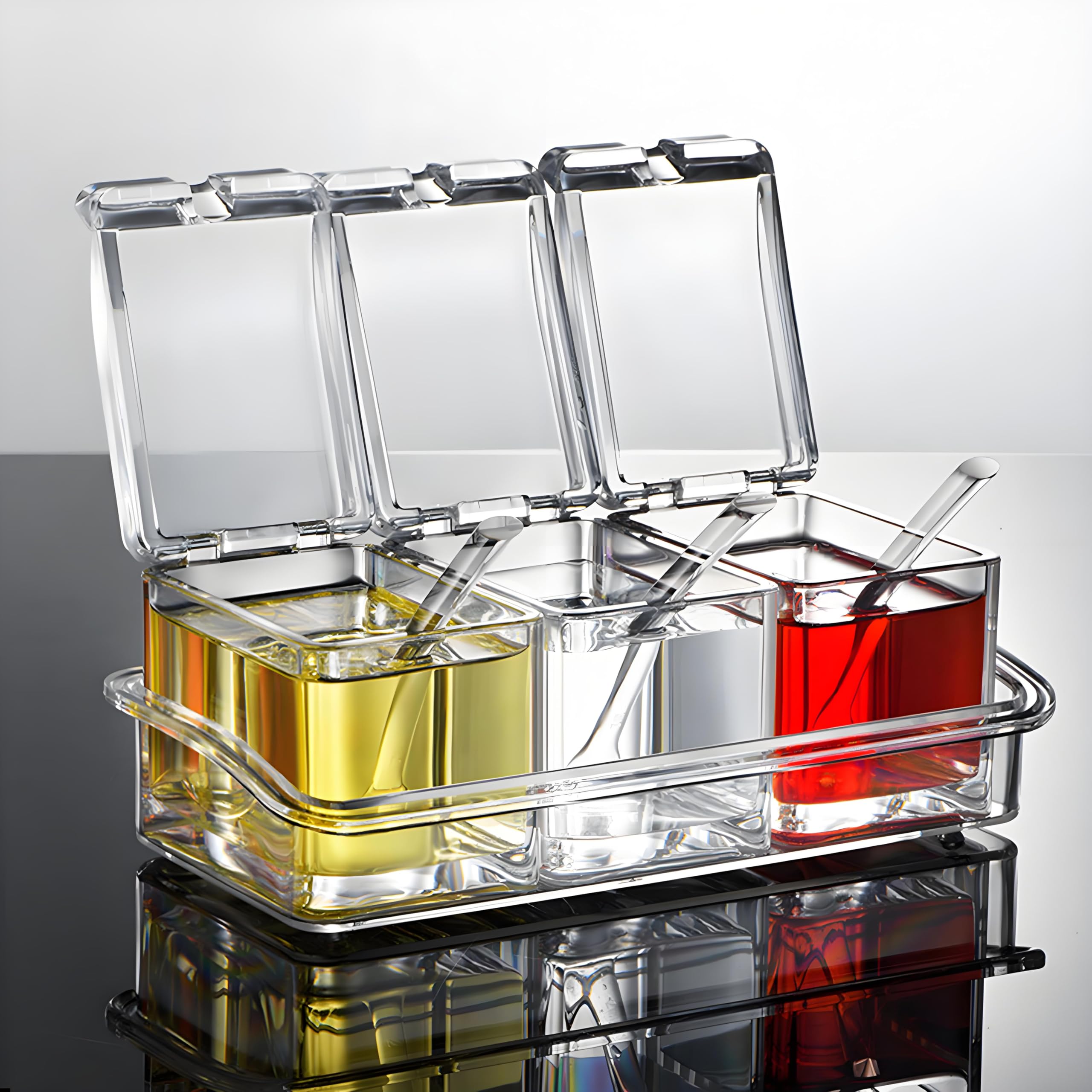VRESOURCING Clear Seasoning Box, 3 Pieces Seasoning Rack Spice Pots Storage Container for Spice Salt Sugar Cruet Liquid,Condimen