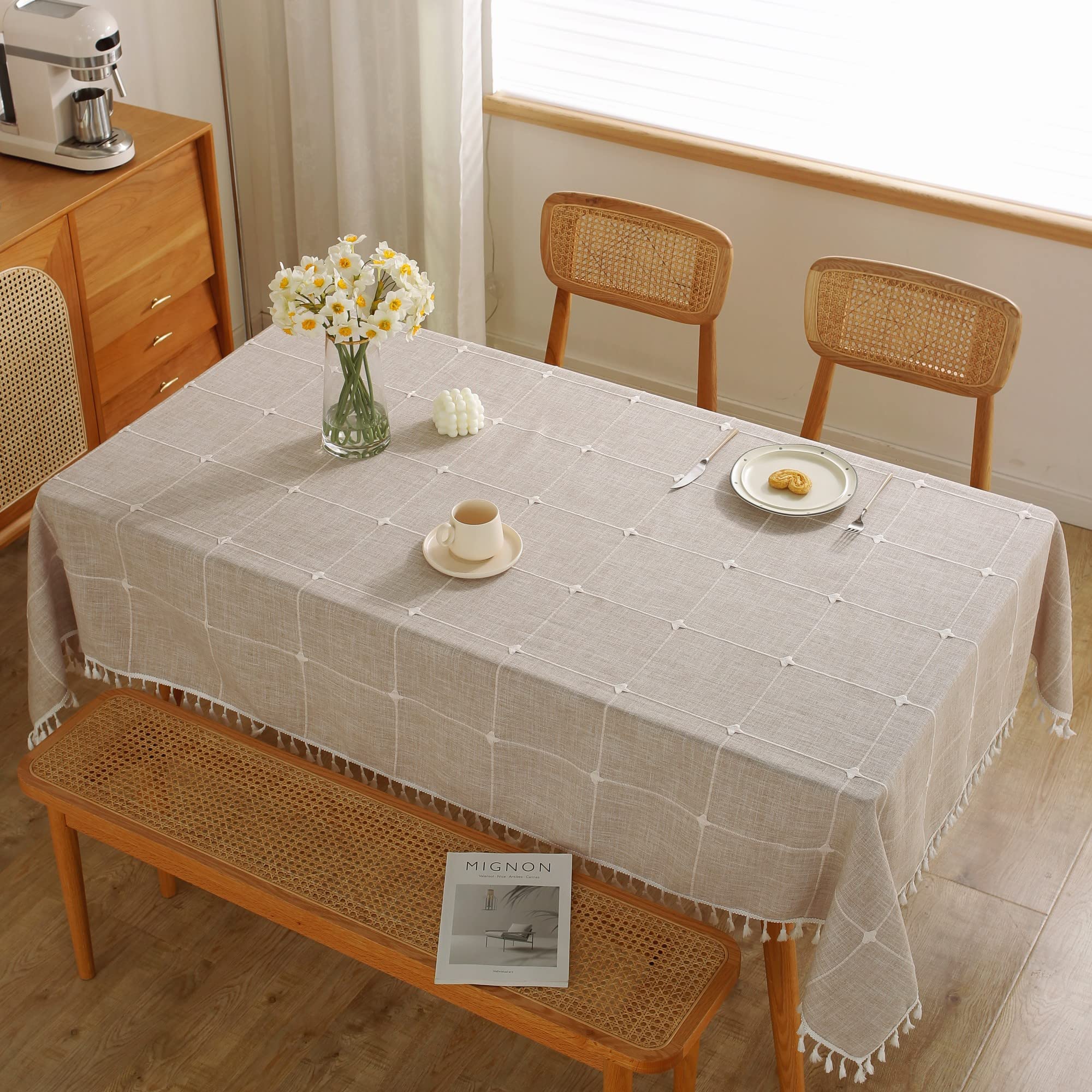 Jiale Tablecloths For Rectangle Tables, Cotton Linen Rustic Tablecloth Waterproof,Wrinkle Free,Soft Fabric Table Cloth Tassels L