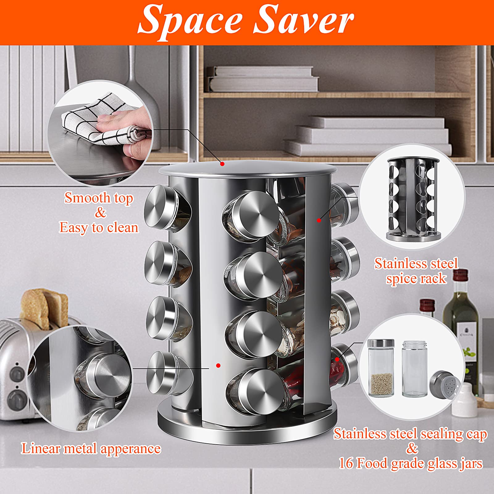 DOUBLE 2 C Revolving Countertop Spice Rack Stainless Steel Seasoning Storage Organization,Spice Carousel Tower for Kitchen Set o