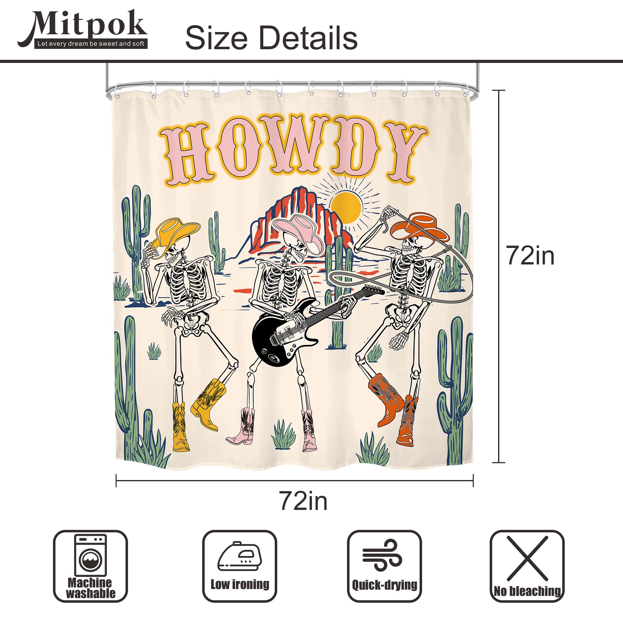 Mitpok Halloween Western Cowboy Skull Shower Curtain Funny Skeleton Retro Cowgirl Texas Howdy Funky Groovy Wild West Desert Goth