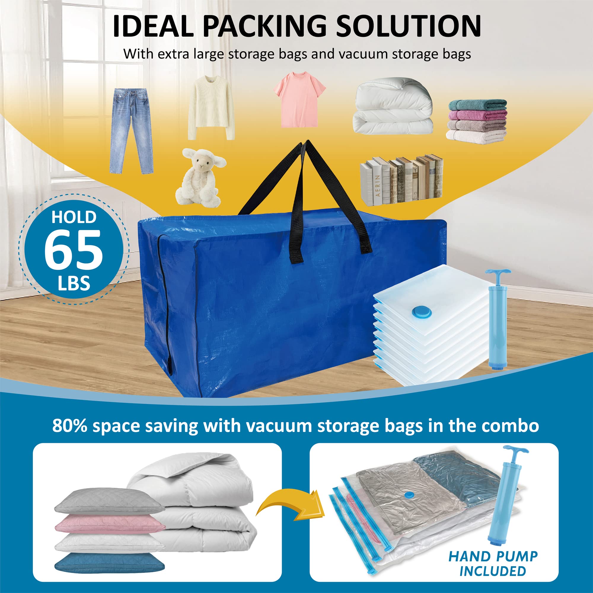 16 Pack Heavy Duty Extra Large Moving Bags with Backpack Straps & Large Vacuum Storage Bags Moving Supply Combo  Moving Totes with Handles & Zippers for Space Saving  Fold Flat  Includes Vacuum Bags