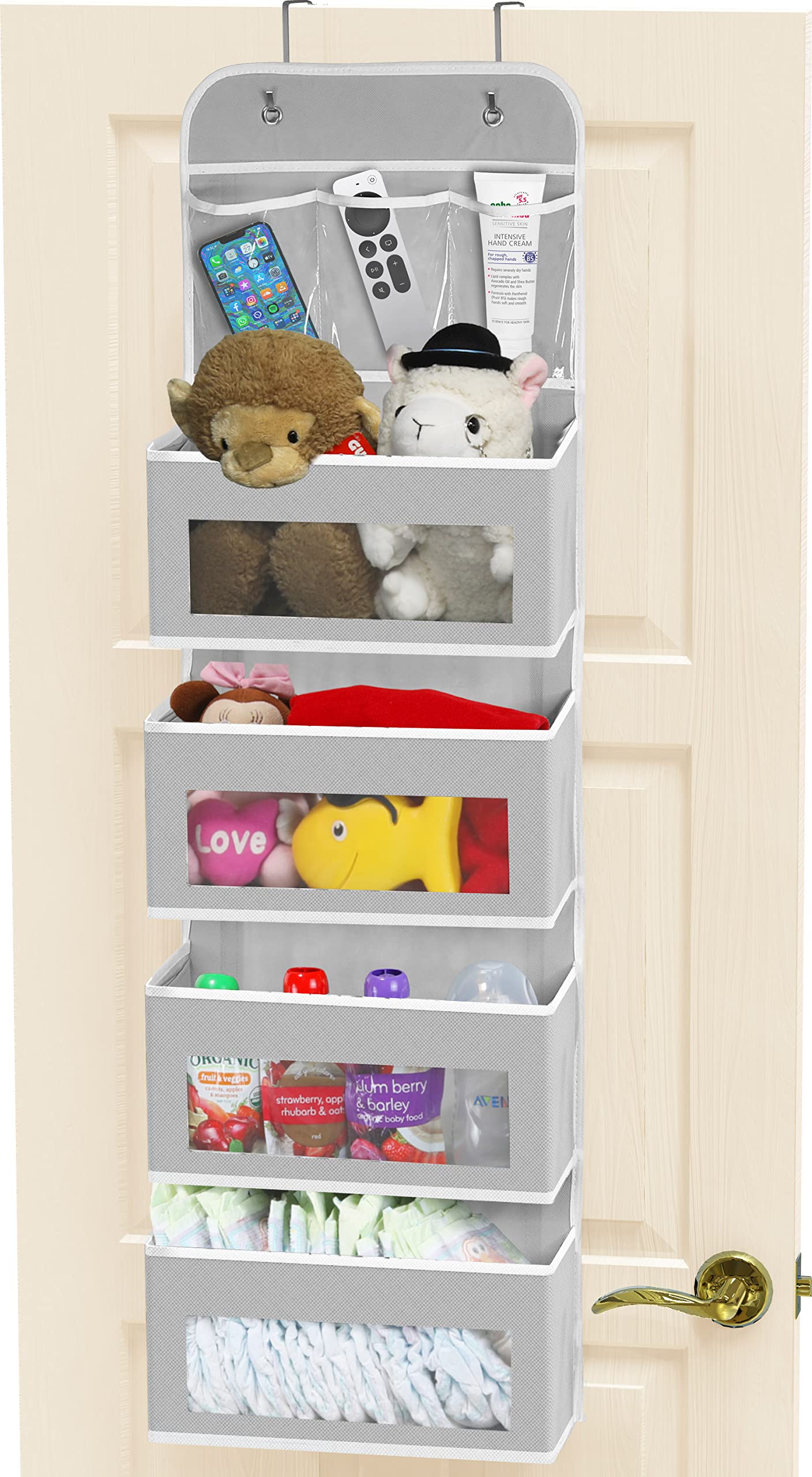 Simple Houseware Over Door 4 Clear Window Pocket Organizer with 3 Pockets, Grey