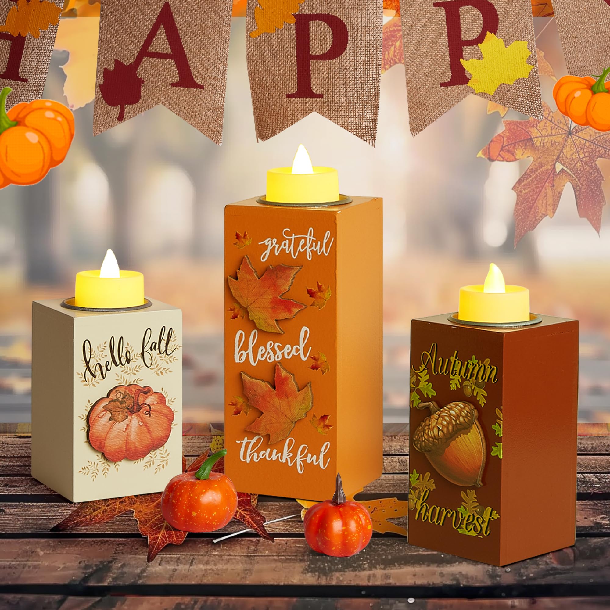 BlcTec Fall Decorations for Home 3 PCS Wood Candle Holders with LED Tea Lights & 3D Carving Craft, Rustic Candle Centerpieces fo