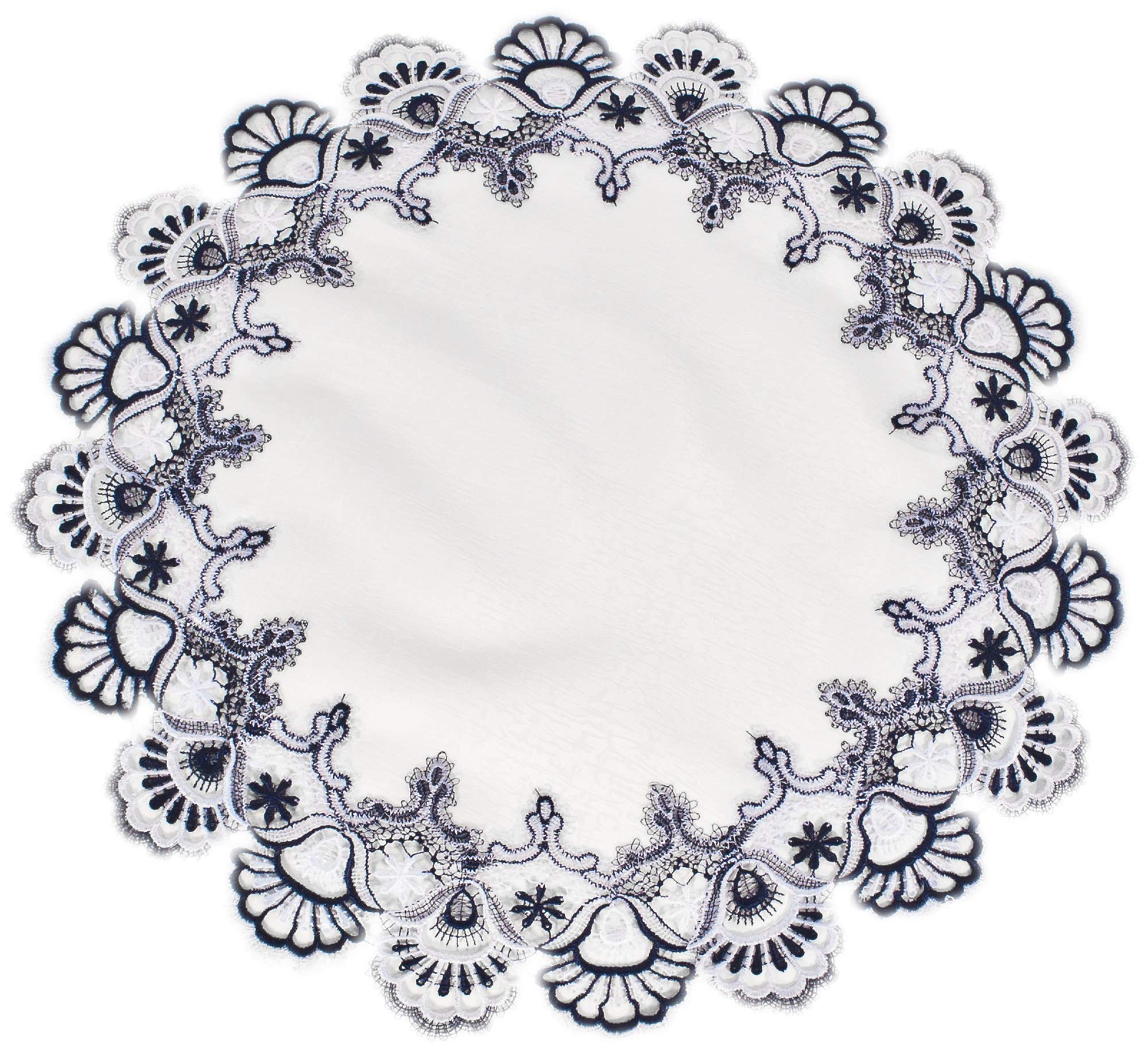 White Navy Blue Jacquard Peacock Tail Lace Doily, Placemat, Table Centerpiece, Table Topper (23 Inch Round)