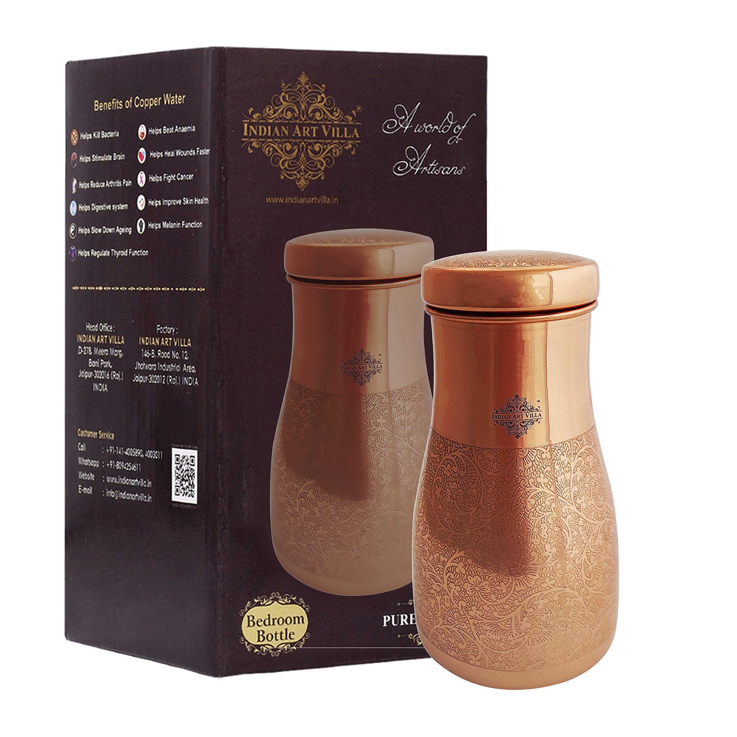 Indian Art Villa Pure Copper Embossed Design Bedroom Water Bottle With Inbuilt Glass, Bottle For Storage Purposes, Drinkware, 95