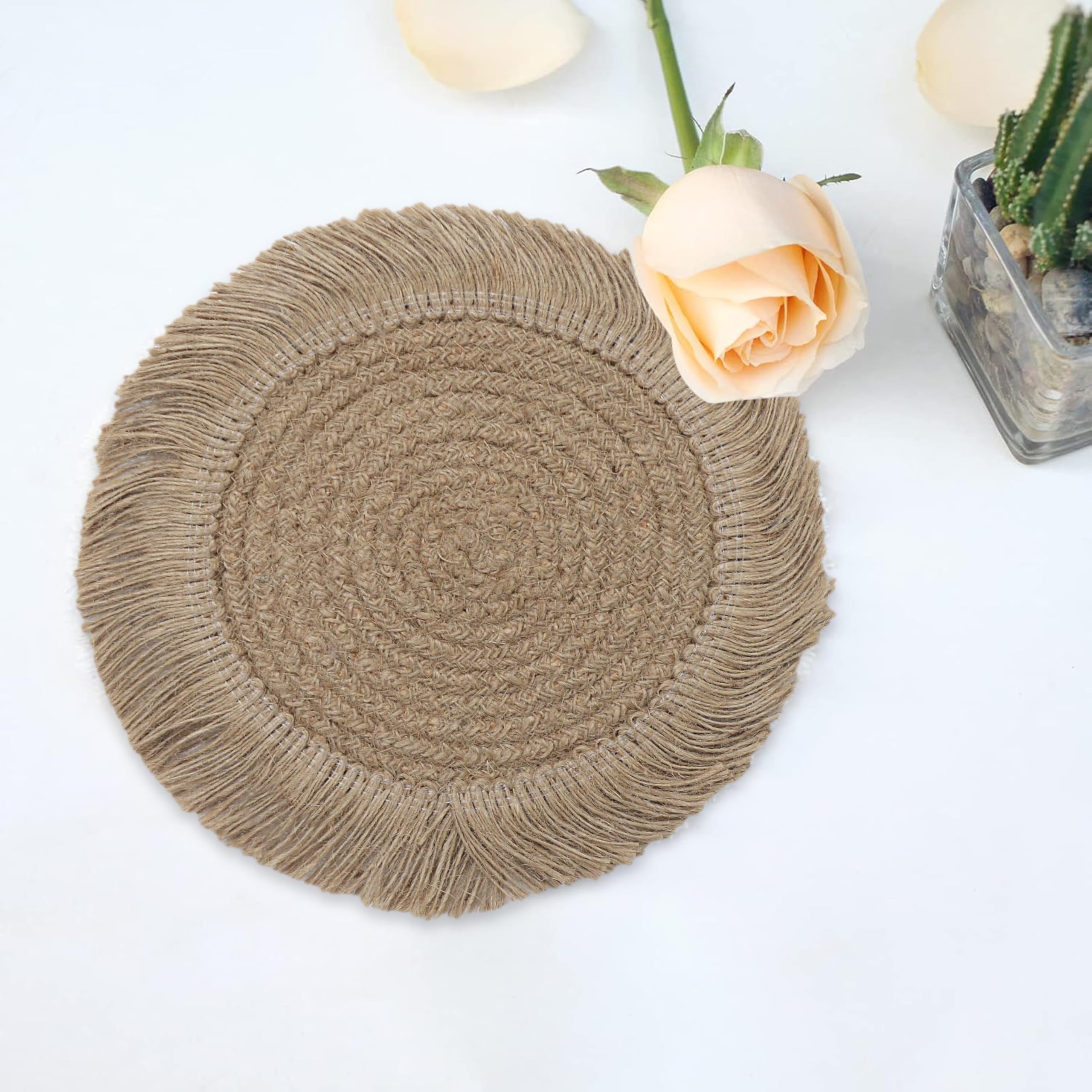 Round Woven Placemats with Fringe, Set of 2, Natural Jute, Boho Table Decor, Beige (2)