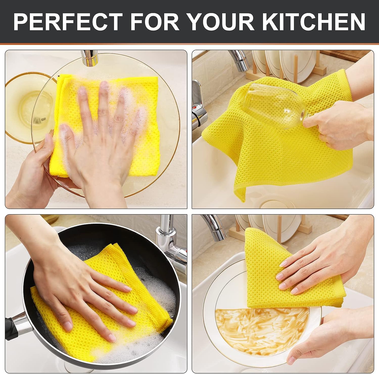 Kitinjoy 100% Cotton Kitchen Dish Cloths  12 Pack Waffle Weave Ultra Soft Absorbent Dish Towels for Drying Dishes Quick Drying Kitchen Towels Dish Rags  12 X 12 Inches  Yellow