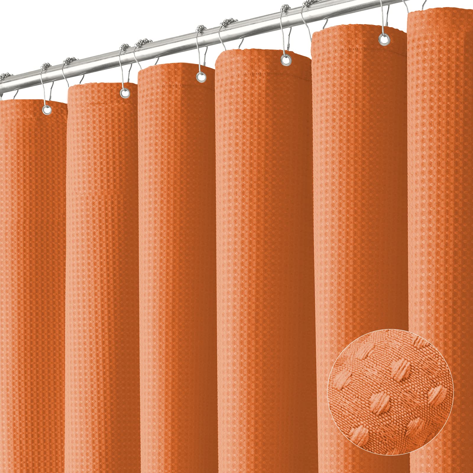 Dynamene Burnt Orange Fabric Shower Curtain - Waffle Weave Textured Heavy Duty Cloth Shower Curtains For Bathroom, 256Gsm Hotel