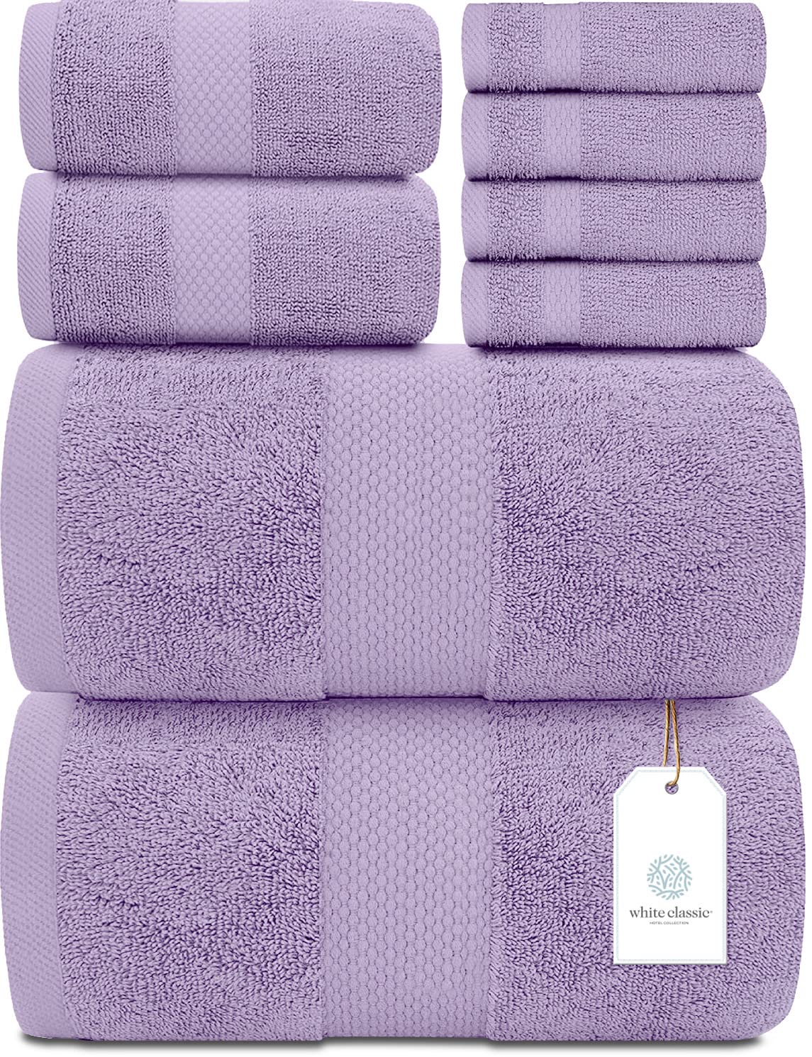 White Classic Luxury Lavender Bath Towel Set - Combed Cotton Hotel Quality Absorbent 8 Piece Towels | 2 Bath Towels | 2 Hand Tow