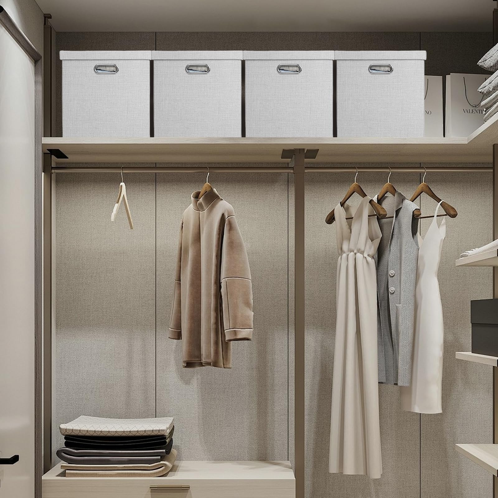 Posprica Storage Bins with Lids 13?13?13 Foldable Storage Cube Baskets Boxes Fabric Drawers for Closet Shelf Cabinet Bookcase Set o f 4 Sliver grey