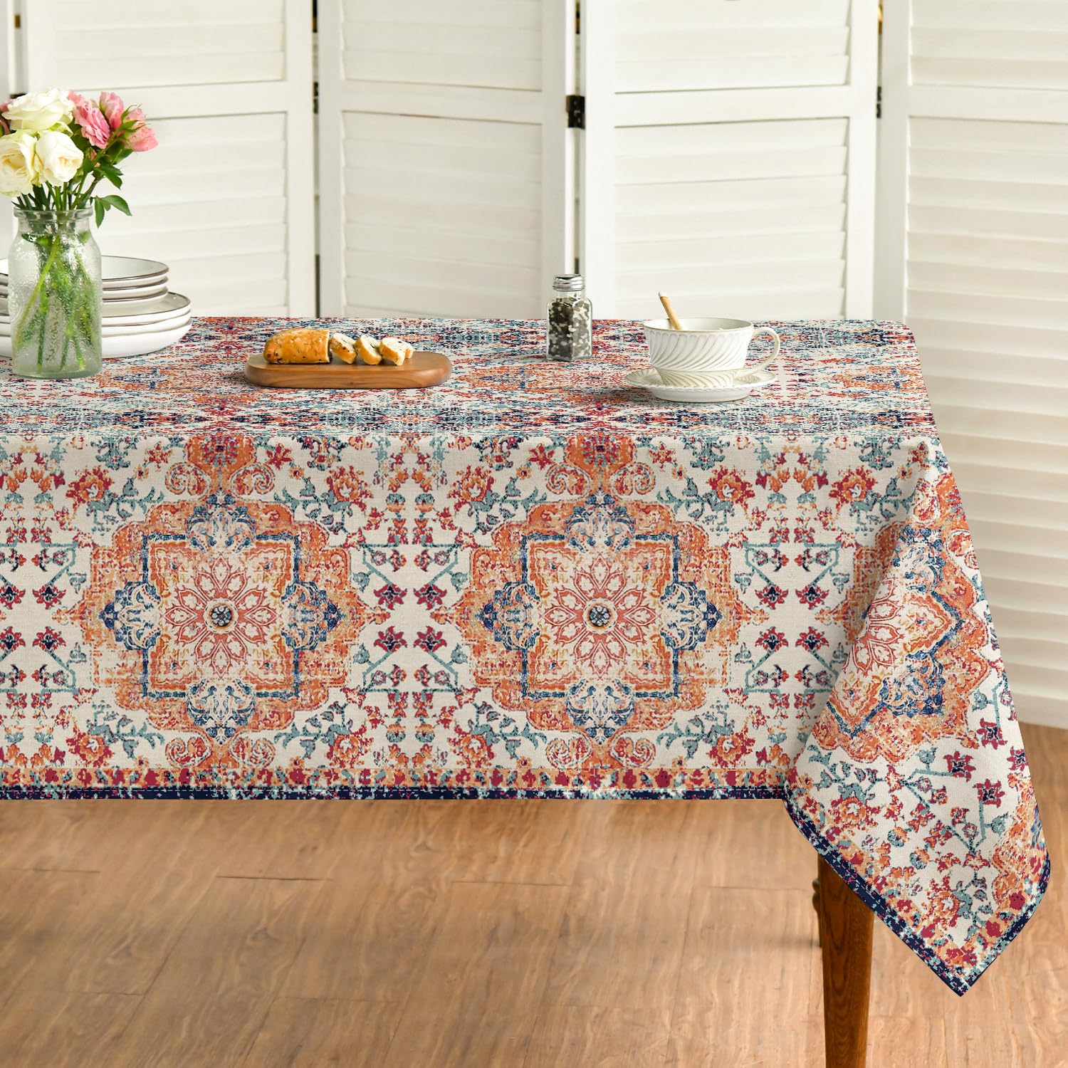 Horaldaily Boho Bohemia Style Tablecloth 52  70 Inch Rectangular, Vintage Country Rustic Farmhouse Magical Orange Washable Table