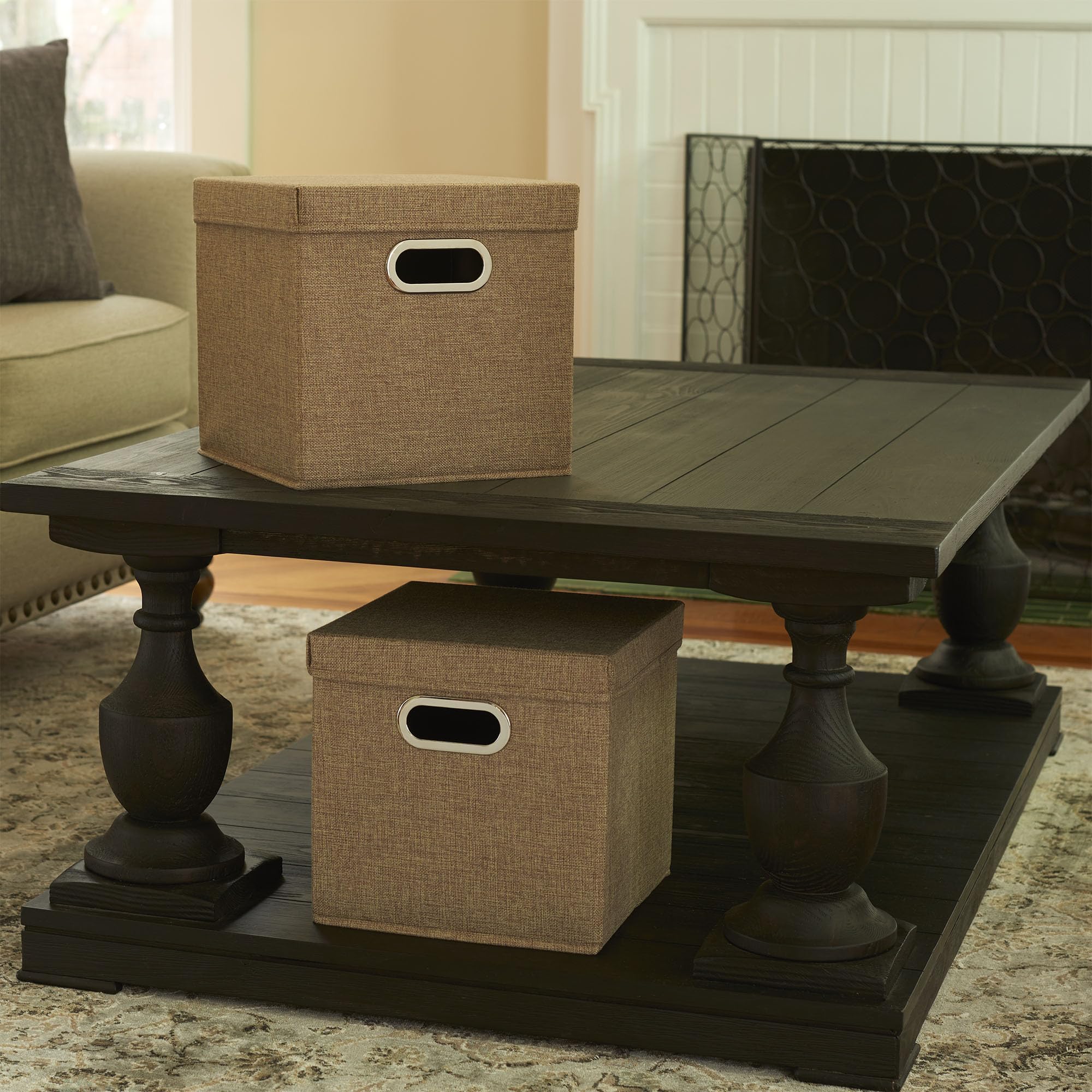 Household Essentials 802-1 Caf   Cube Bin Storage Set With Lids And Handles | 2 Pack, Brown Linen