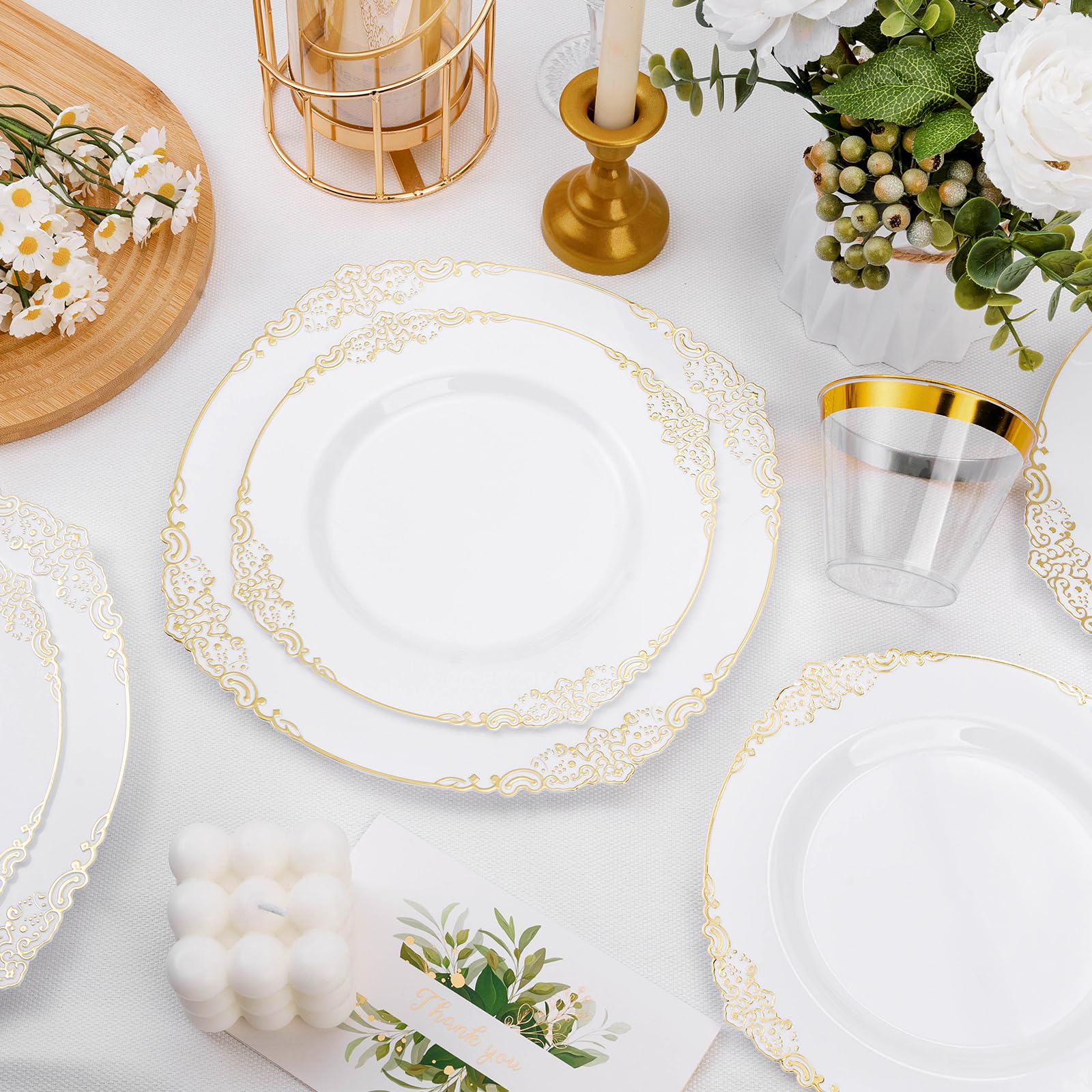 Bestluck 100 Pcs White And Gold Plastic Plates For 50 Guests, Gold Disposable Plates Include 50 Pcs Dinner Plates, 50 Pcs Desser