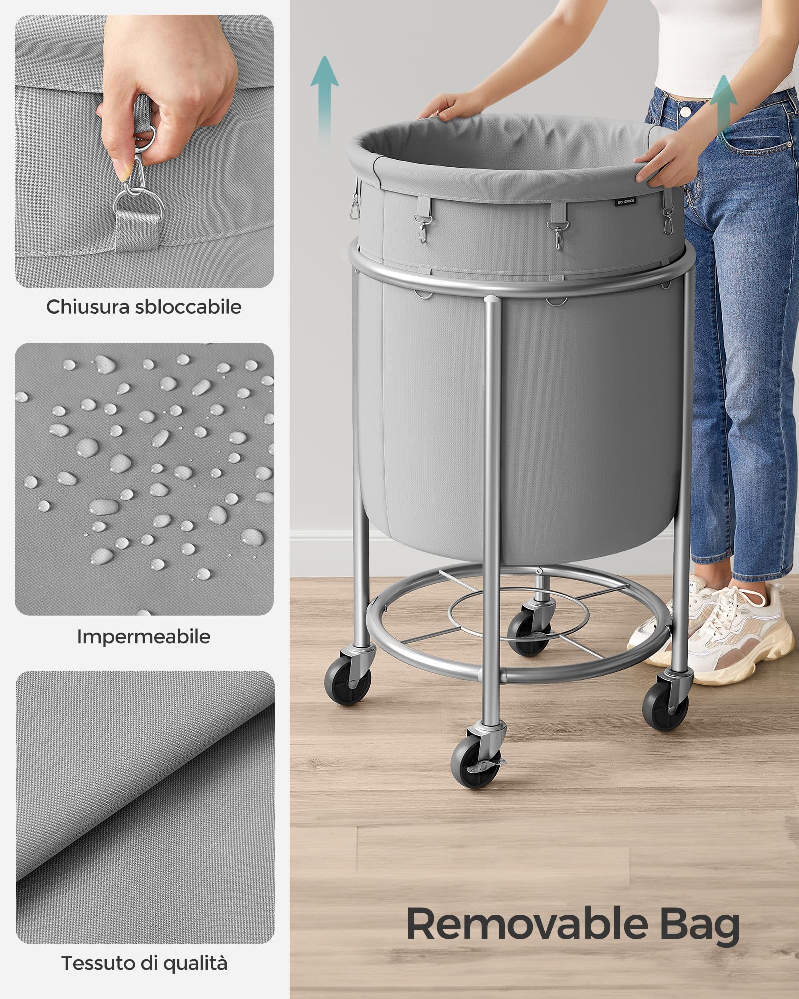 Songmics Laundry Basket With Wheels, Rolling Laundry Hamper, 29 Gal., Round Laundry Cart With Steel Frame And Removable Bag, 4 C