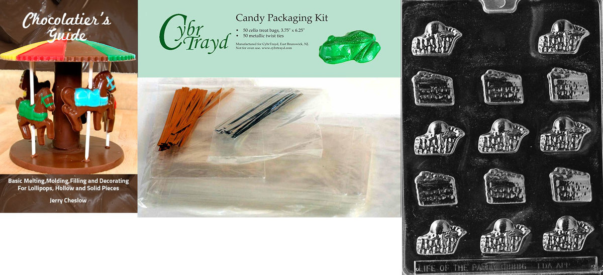 Cybrtrayd ''Small Pie And Cake'' Miscellaneous Chocolate Mold With Chocolatier'S Bundle, Includes 50 Cello Bags, 25 Gold And 25
