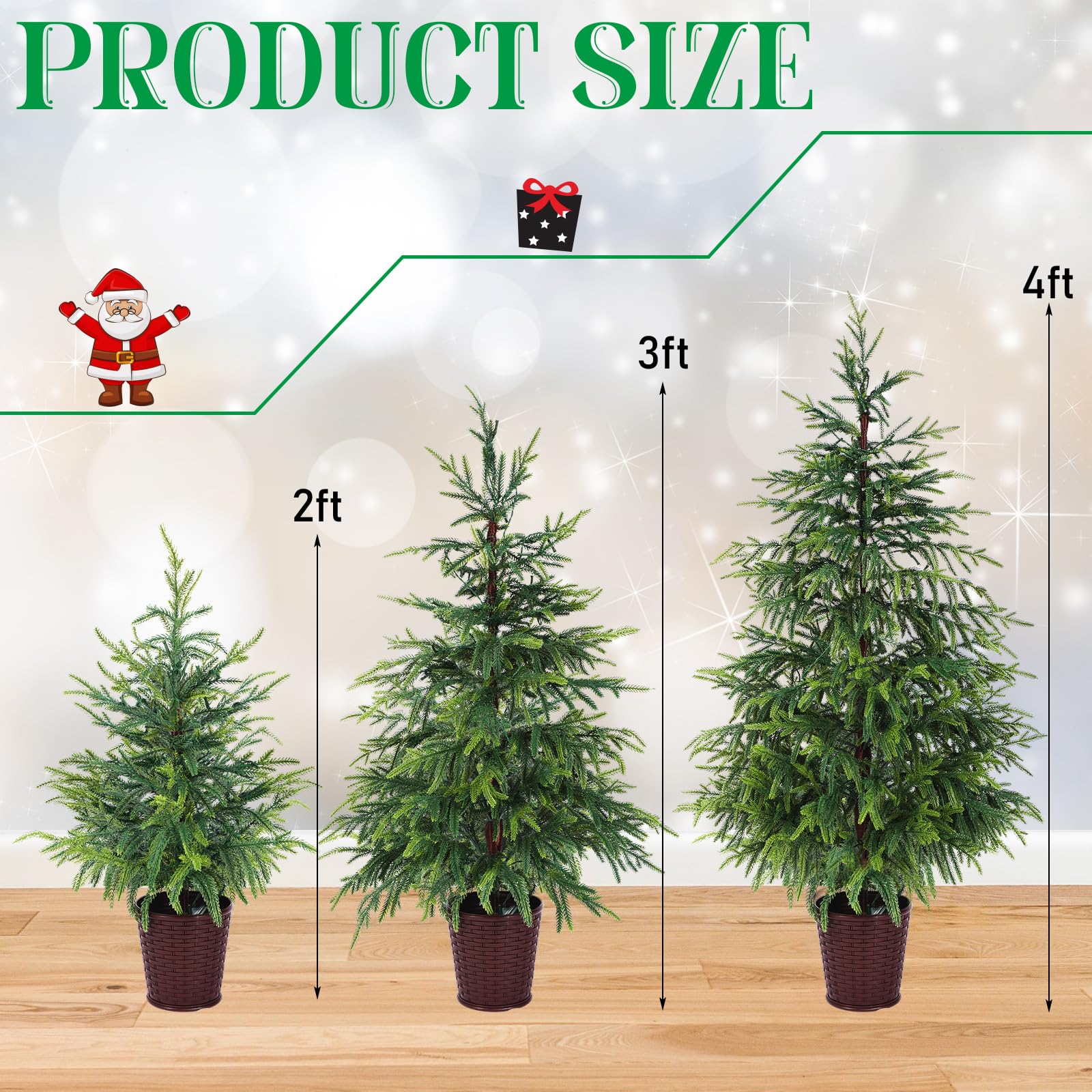 Cinnvoice Norfolk Pine Tree Set of 3 Pre-lit Artificial Christmas Trees 2ft 3ft 4ft Green with Woven Basket Base