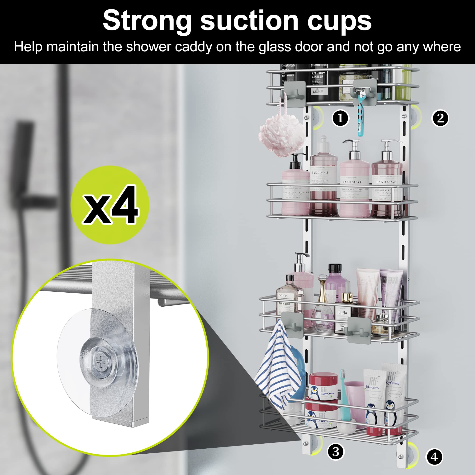 Orimade Over The Door Shower Caddy Adjustable 5 Tier Silver Grey,Bathroom Hanging Organizer Shelf Rustproof With 4 Hooks,Shower