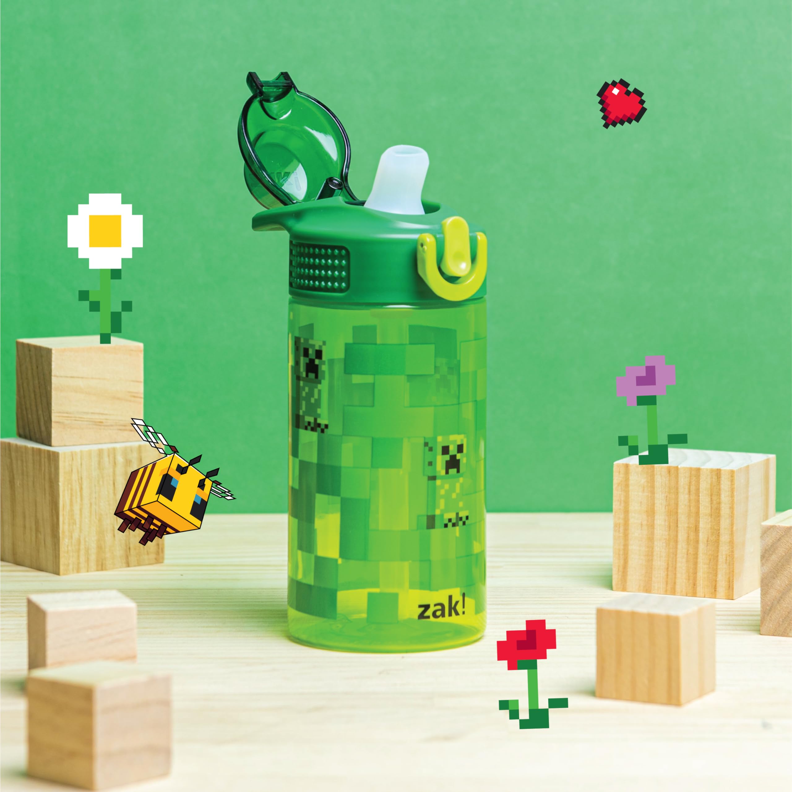 Zak Designs Sage Minecraft Kids Water Bottle For School Or Travel, 16Oz Durable Plastic Water Bottle With Straw, Handle, And Lea