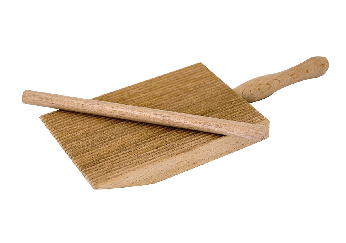 Tredoni Professional Gnocchi/Garganelli Wood Paddle Slanted Ridge Board Pasta Maker + Stick, 3.6X5'' (9X12.5 Cm)