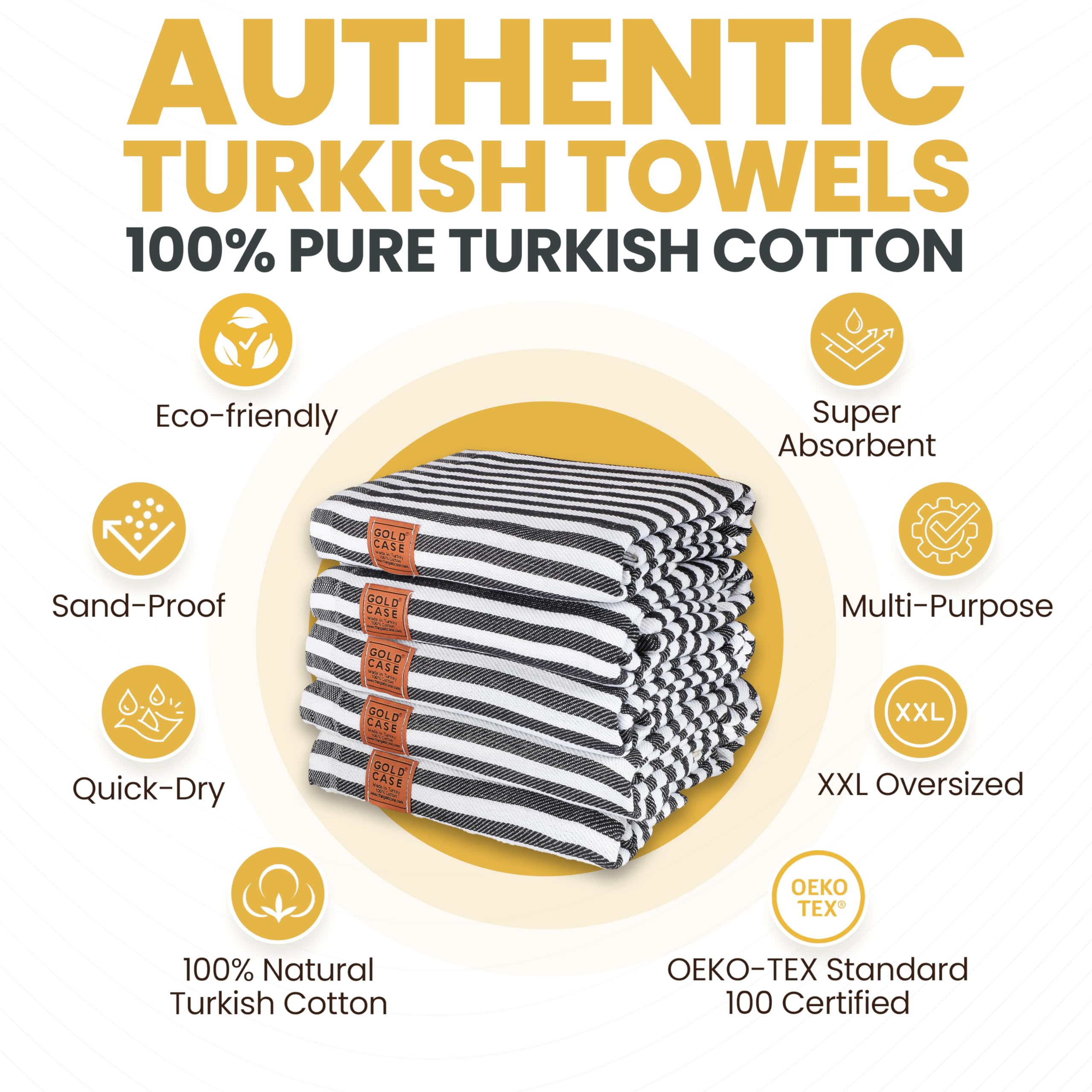 Gold Case Myra Turkish Beach Towel Set Of 5-100% Cotton Beach Towels - Sand Free & Quick Dry Beach Towel - Oversized Turkish Poo