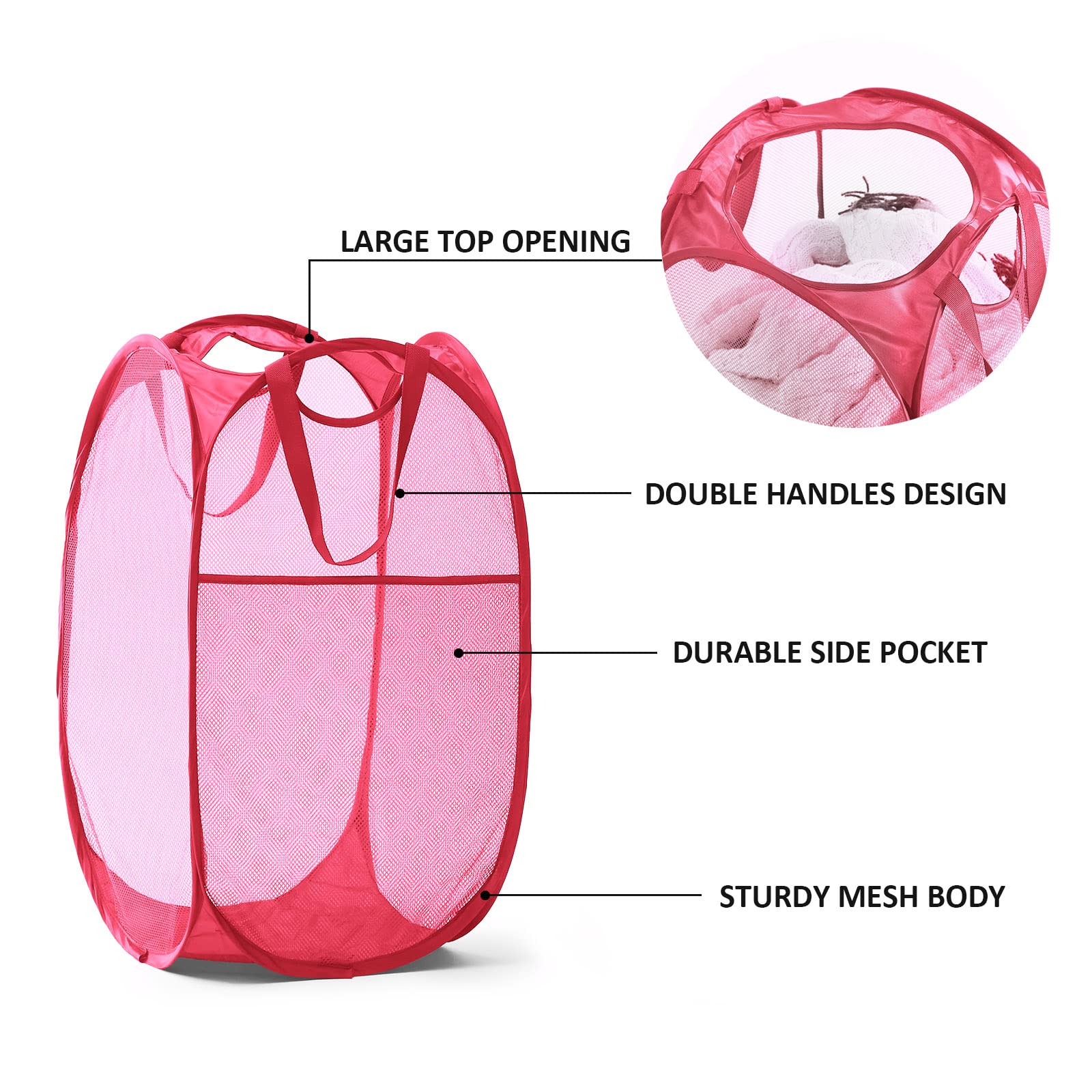 Mesh Pop Up Laundry Hamper with Durable Handles - Portable Collapsible Clothes Baskets for Dorm  Bathroom & Travel (Pink)