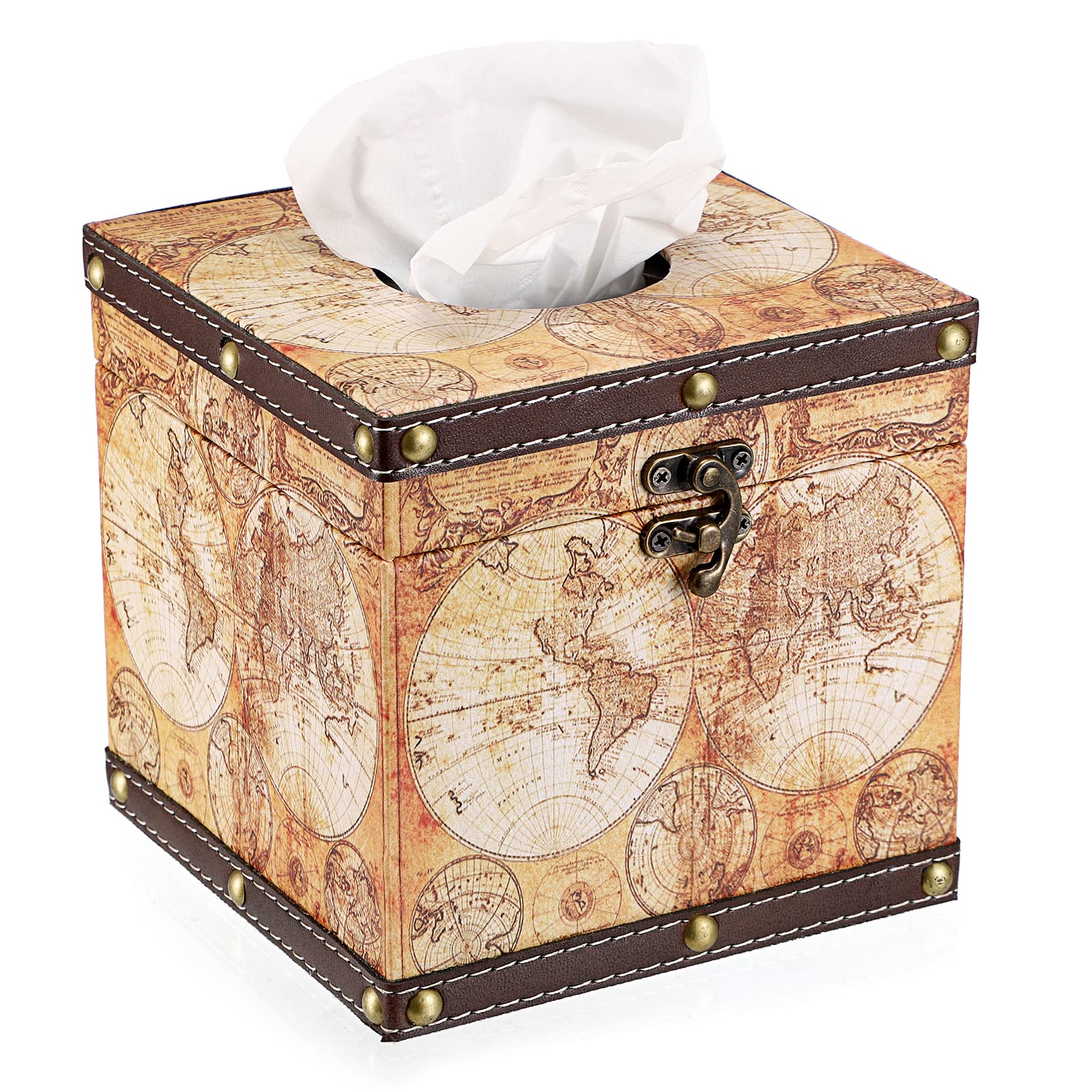 Sumnacon Retro Wood Square Tissue Box Cover - Vintage Cube Tissue Box Holder, Decorative Facial Tissue Holder For Bedroom Bathro