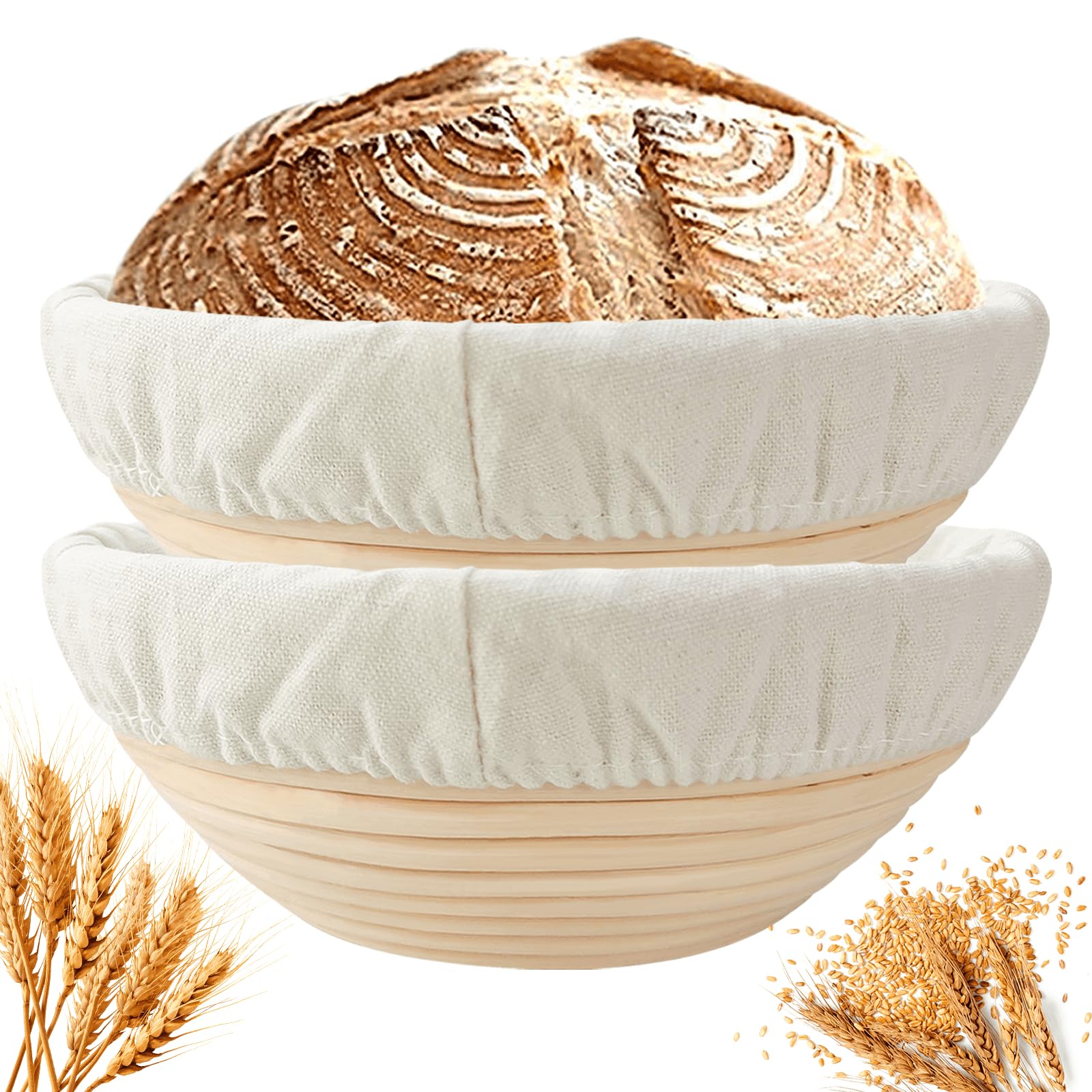 Snaildigit Banneton Bread Proofing Basket Set Of 2: 9 Inch Round Sourdough Proofing Bowls For Artisan Bread Making For Professio