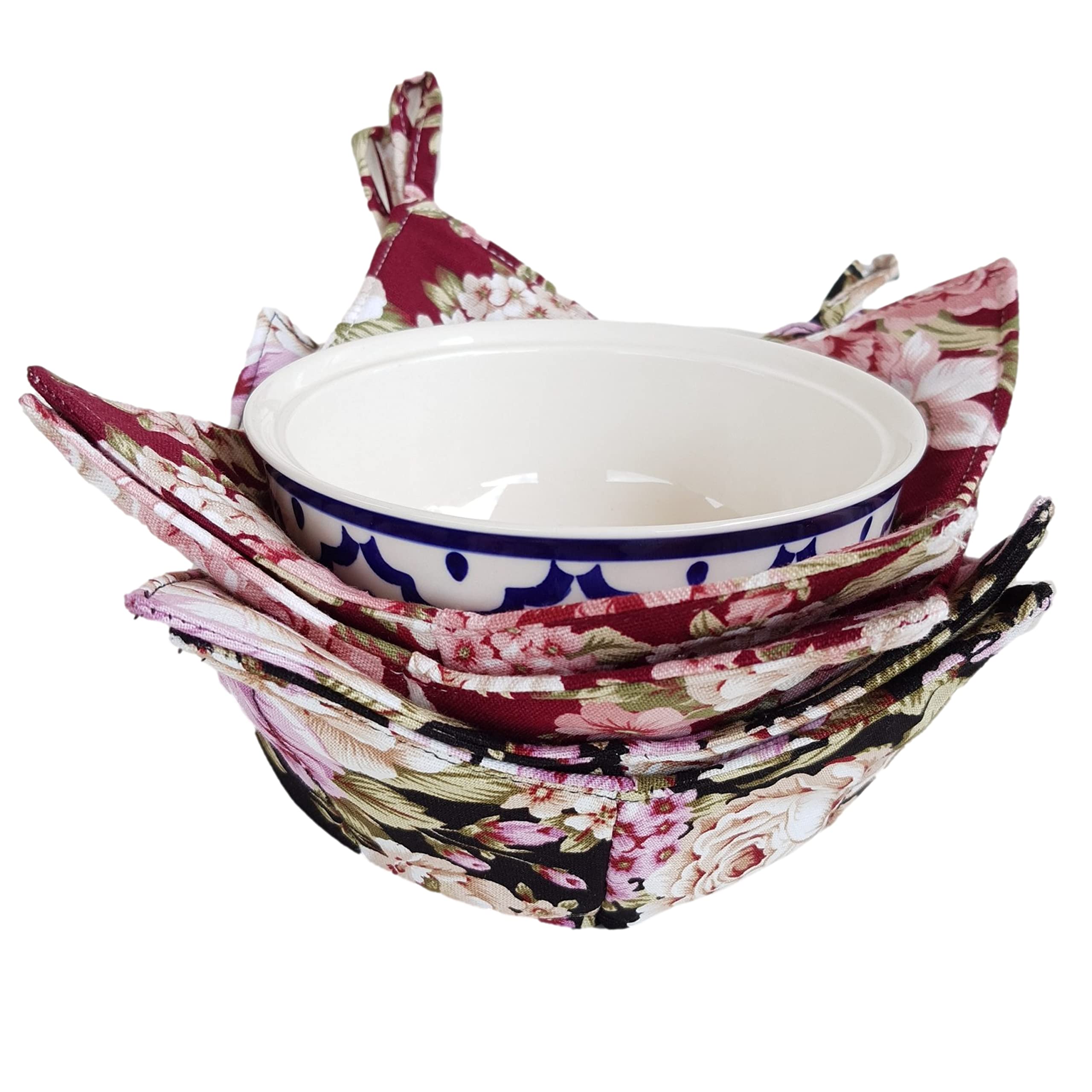 Cushystore 4X Bowl Cozy Canvas Holders Heat And Cold Resistant Anti-Scalding Protector Red Black Roses Garden