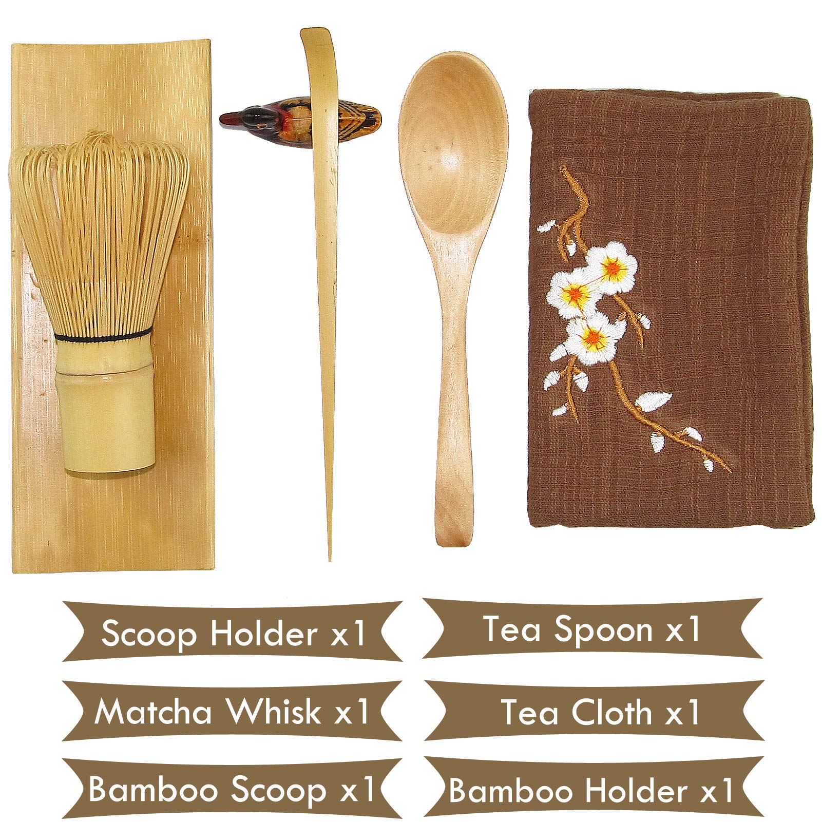 Artcome 6 Pcs Japanese Matcha Tea Set, Matcha Whisk, Traditional Scoop, Tea Spoon, Tea Cloth, Bamboo Holder, Scoop Holder Handma