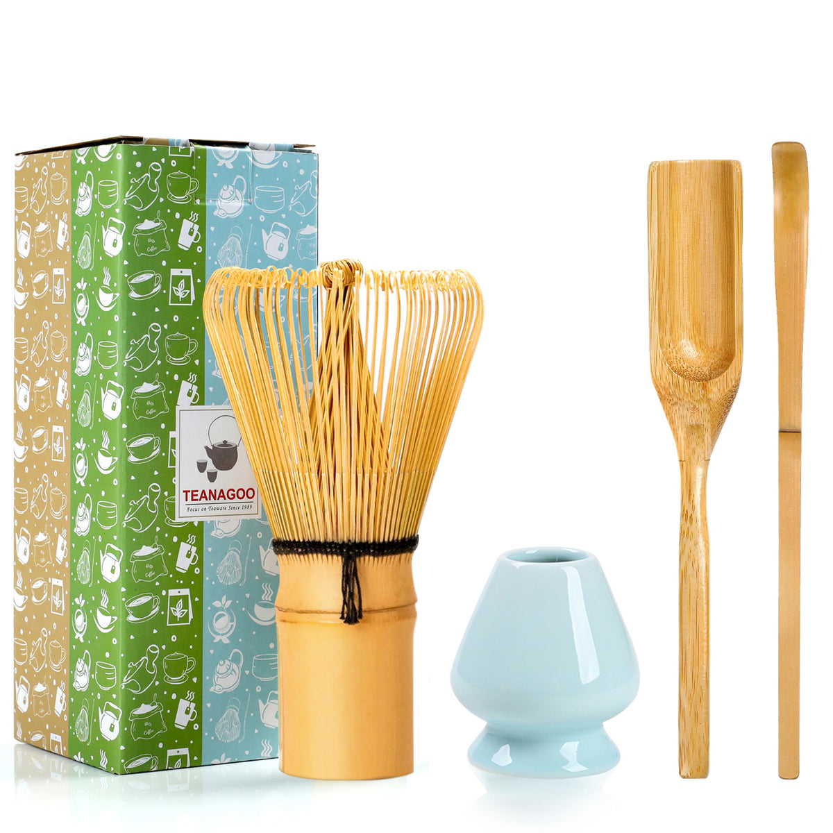 Teanagoo Japanese Matcha Ceremony Accessory, Matcha Whisk (Chasen), Traditional Scoop (Chashaku), Tea Spoon, Blue Celadon Whisk