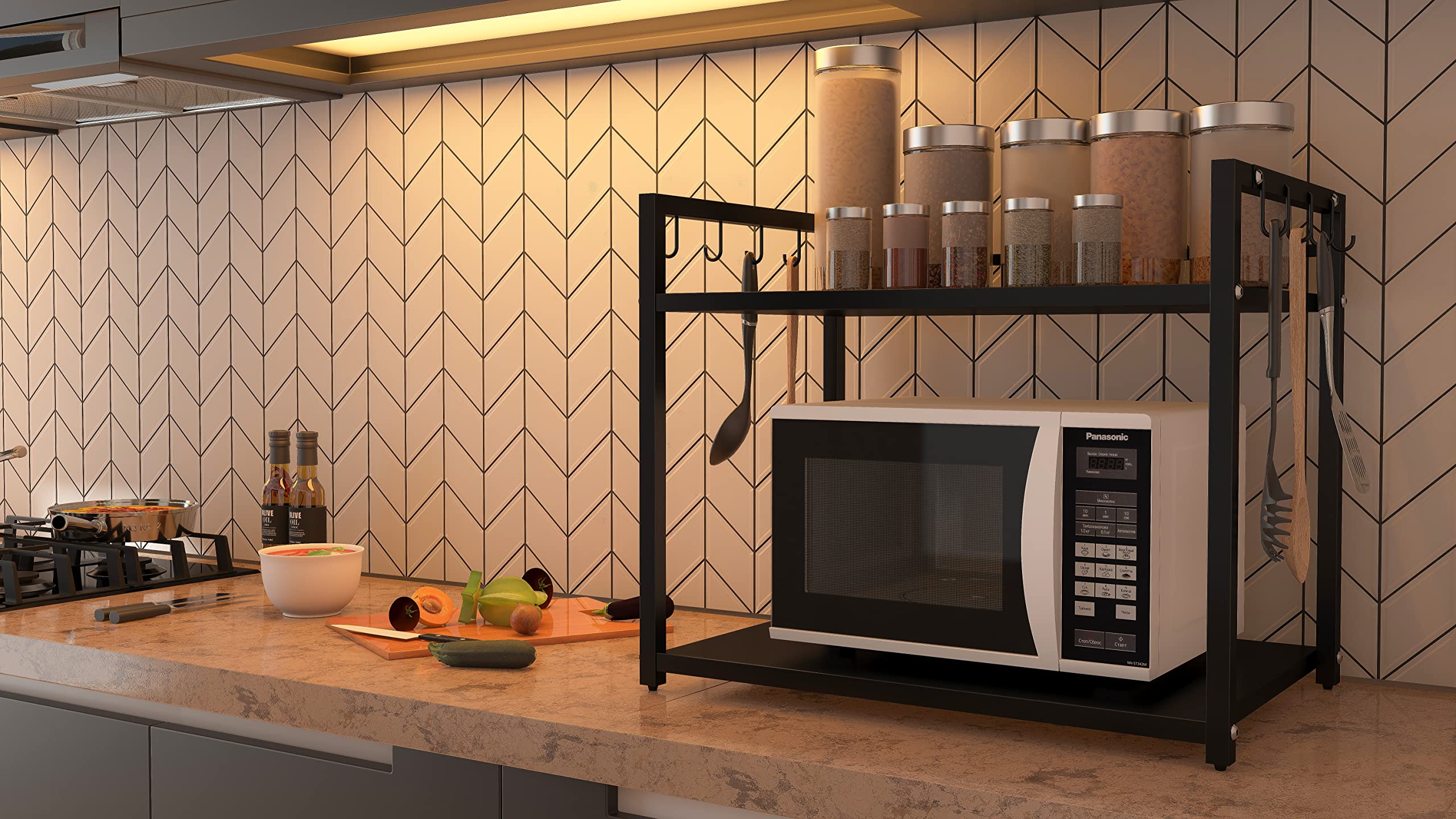 DECOWORLD || Metal Microwave Stand || Microwave & OTG Stand for Kitchen Counter|| Double Platform for Extra Storage with Hooks||