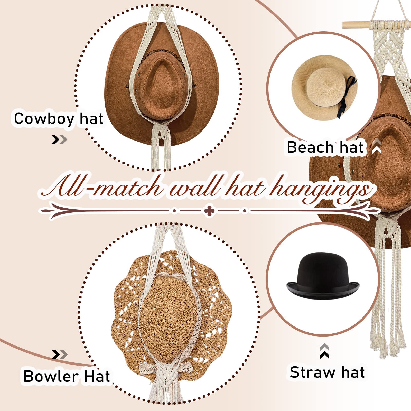 Yulejo Macrame Hat Hangers Boho Hat Rack Cowboy Hat Hanger Back of Door Hat Organizer (White One Hat Style)