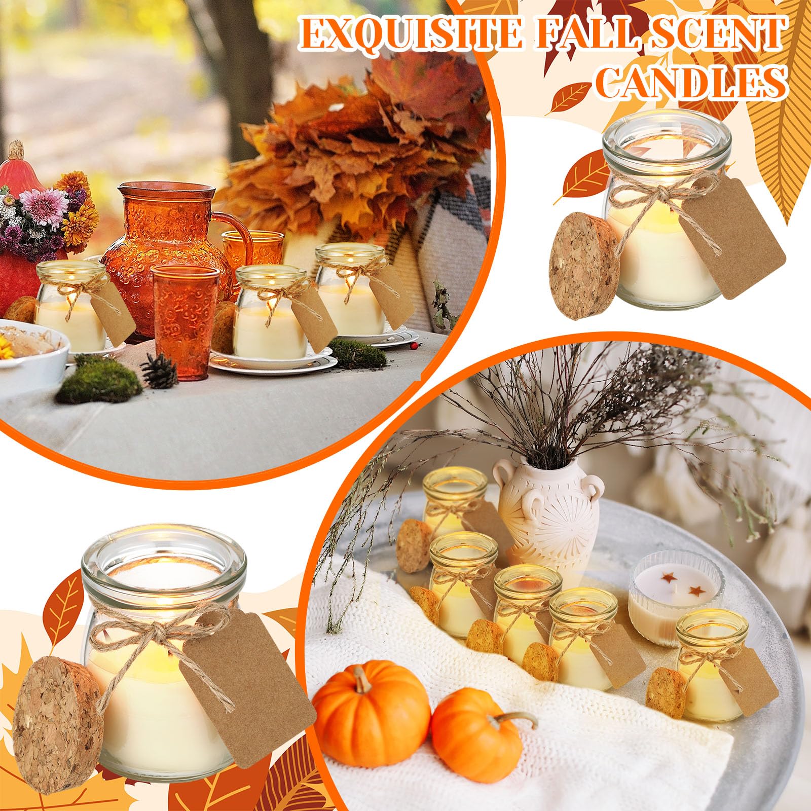 MTLEE 24 Pcs Fall Jar Candles Holiday Candle Gifts Natural Wax Jar with DIY Tag Cards Gift for Halloween Thanksgiving Party Favo