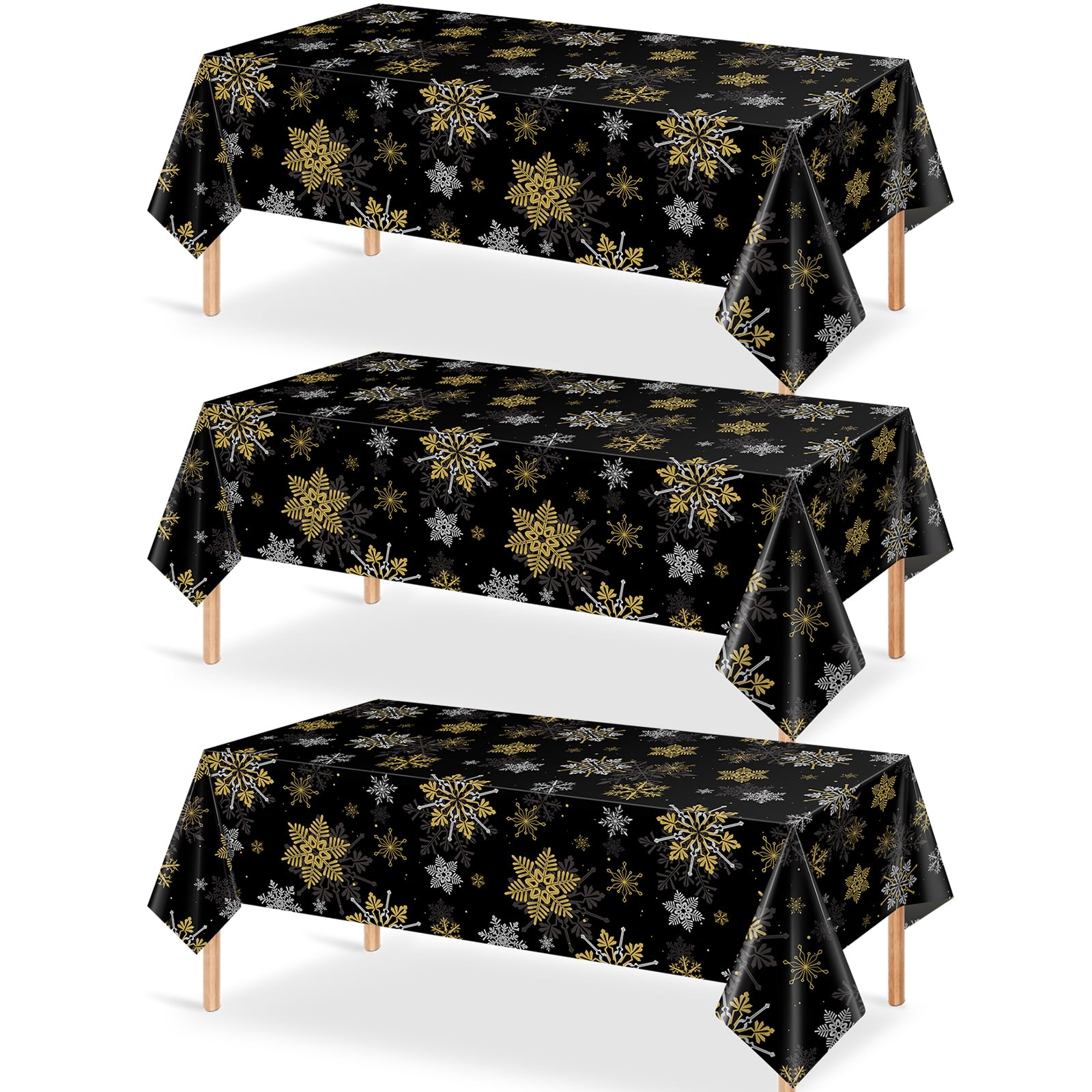 3Pcs Christmas Snowflake Party Tablecloths Decorations,Plastic Black and Gold Table Cloth,Winter Rectangle Table Cover for Chris