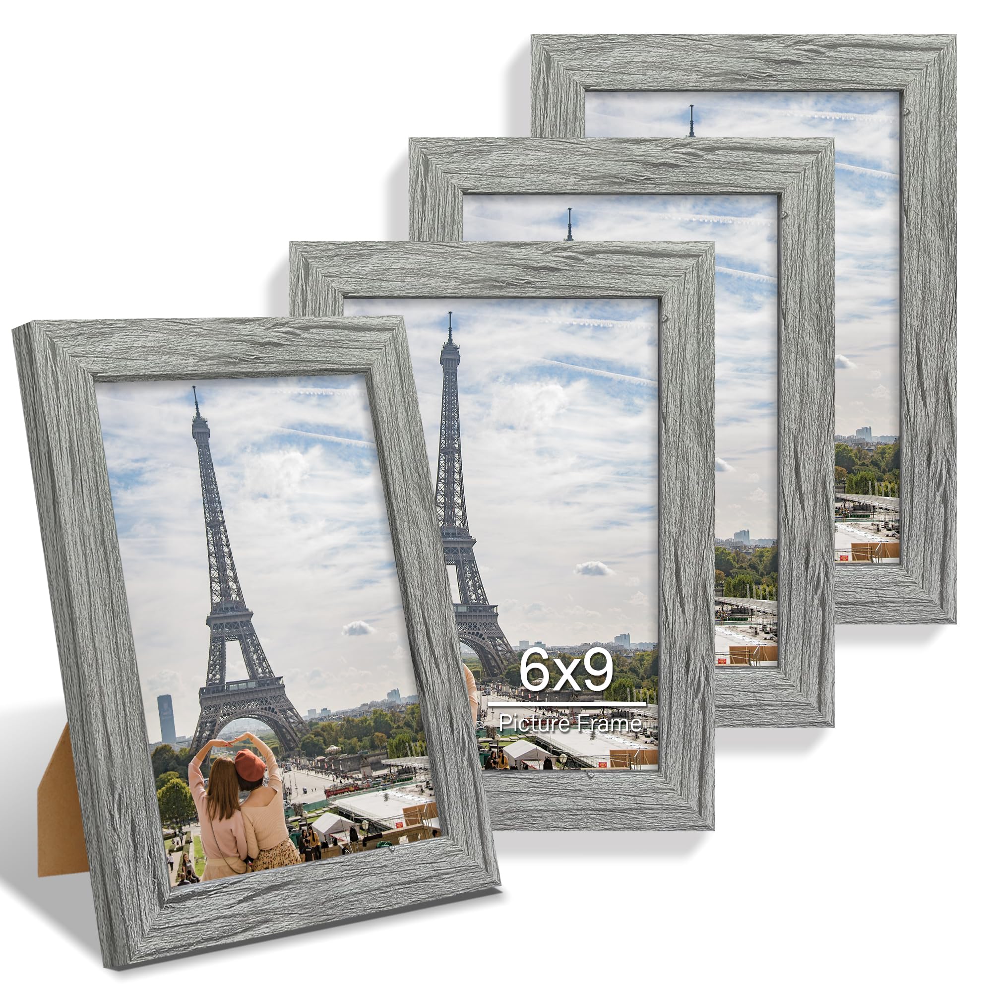 Hongkee 6x9 Picture Frame Set of 4, Made of Real Glass and Grey Wooden Frame - 6 by 9 Photo for Wall or Tabletop Display