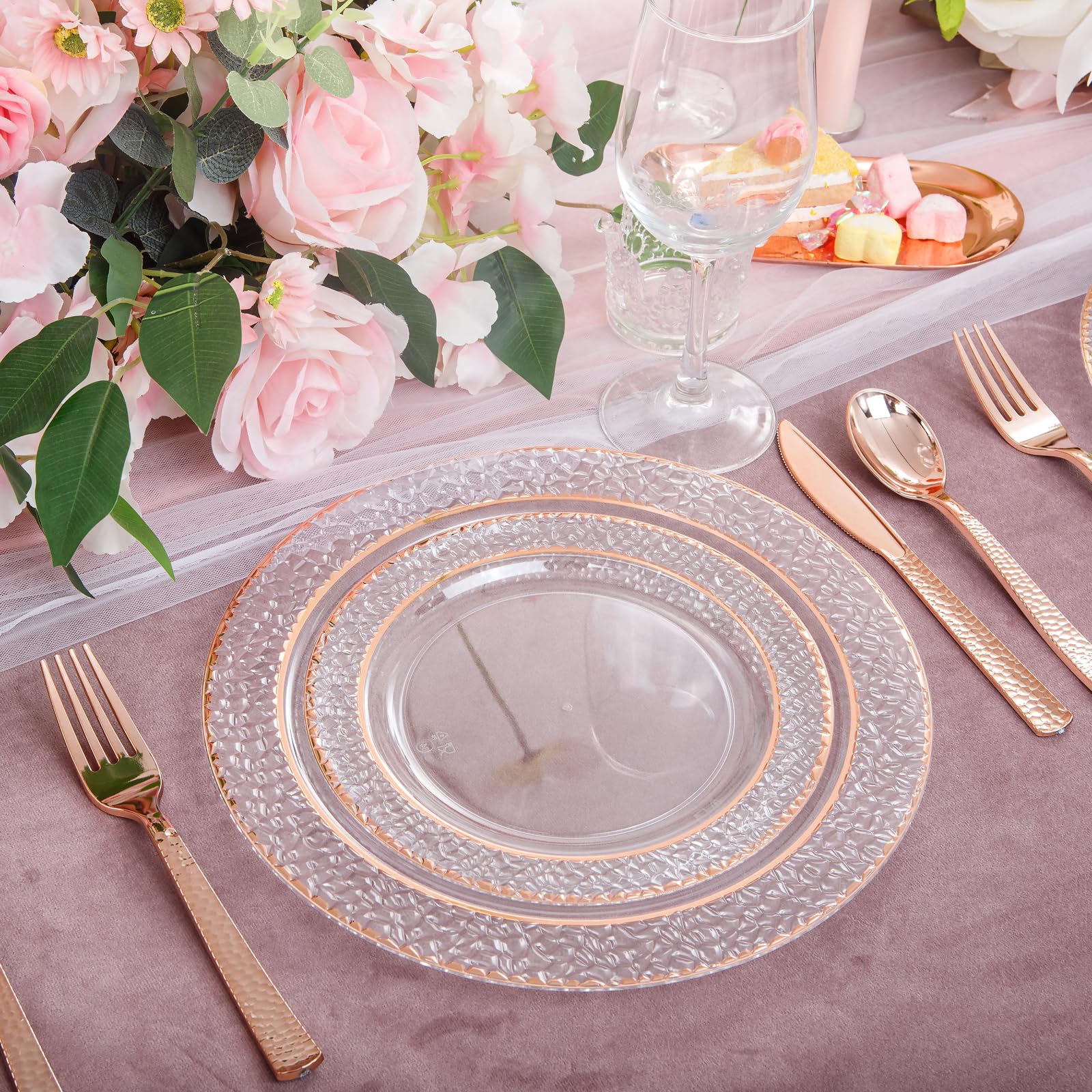 Joyido 102Pcs Rose Gold Plastic Plates - Clear Rose Gold Disposable Plates Include 51Pcs 7.5Inch Dessert Plates 51Pcs 10.25Inch