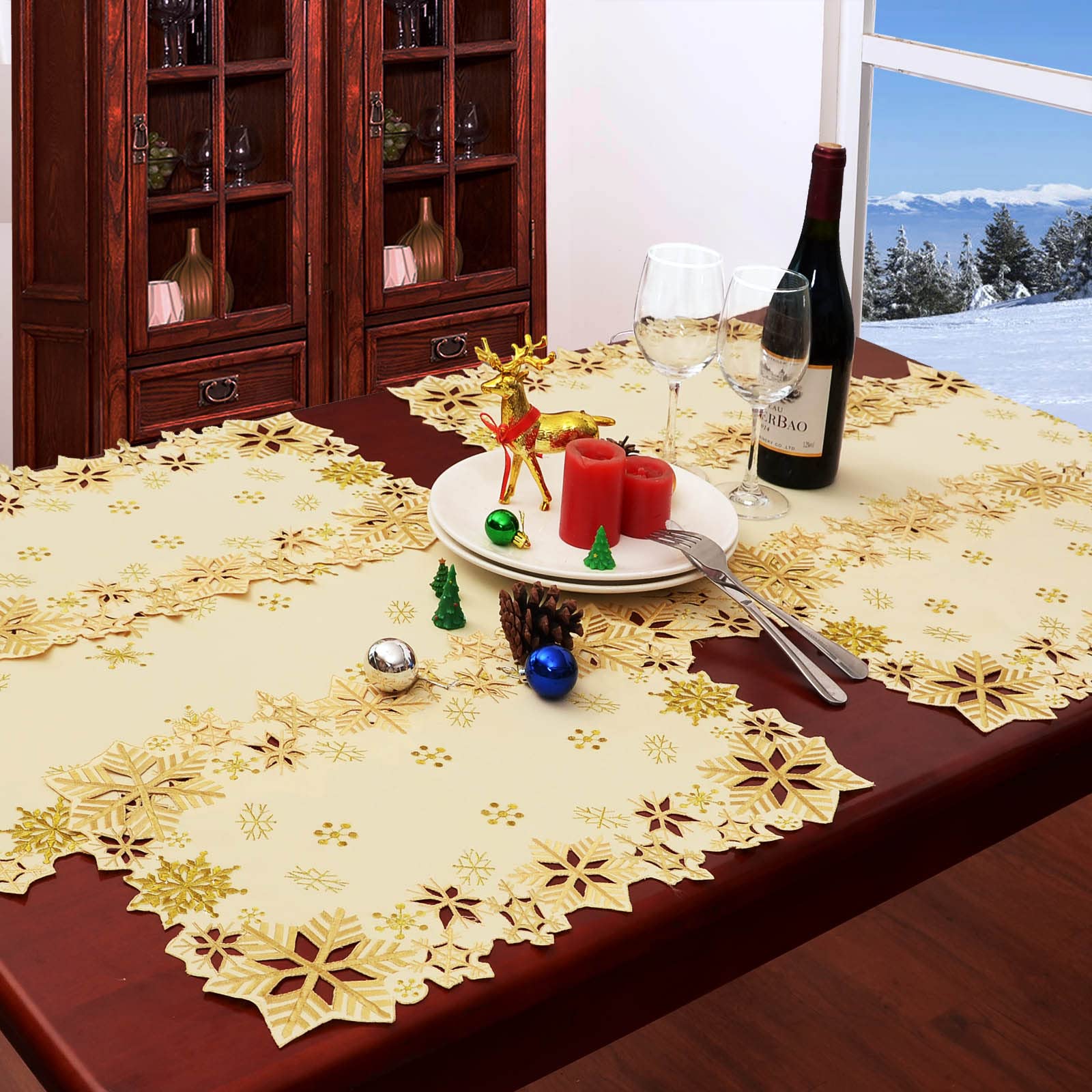 Simhomsen Embroidered Snowflakes Table Placemats For Christmas Holiday And Winter (Gold, 13