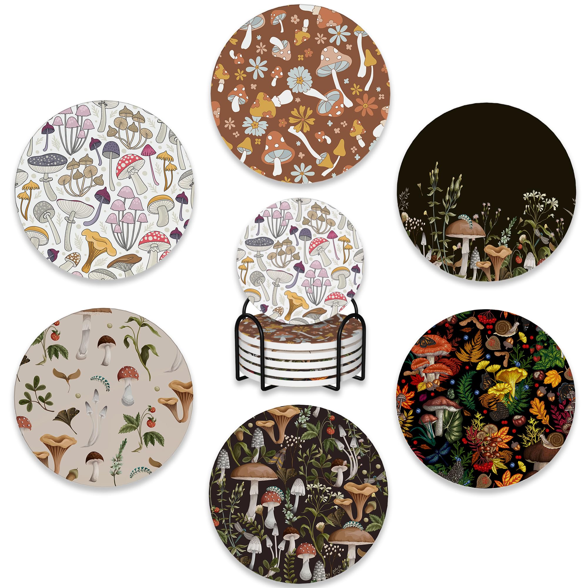6 Pcs Coasters For Drinks With Holder,Retro Mushrooms Berries And Bugs Absorbent Coaster With Cork Backing,Great Gift For Housew