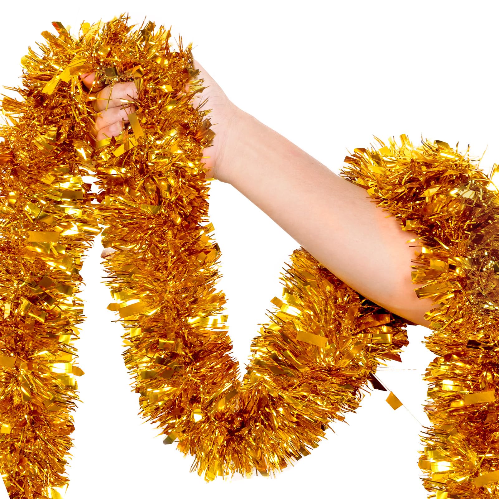 50Ft Gold Christmas Garland Decorations,Xams Tinsel Stems Non-Lit Soft Twist Garland Decor for Tree Stairs Railing Front Door Ma