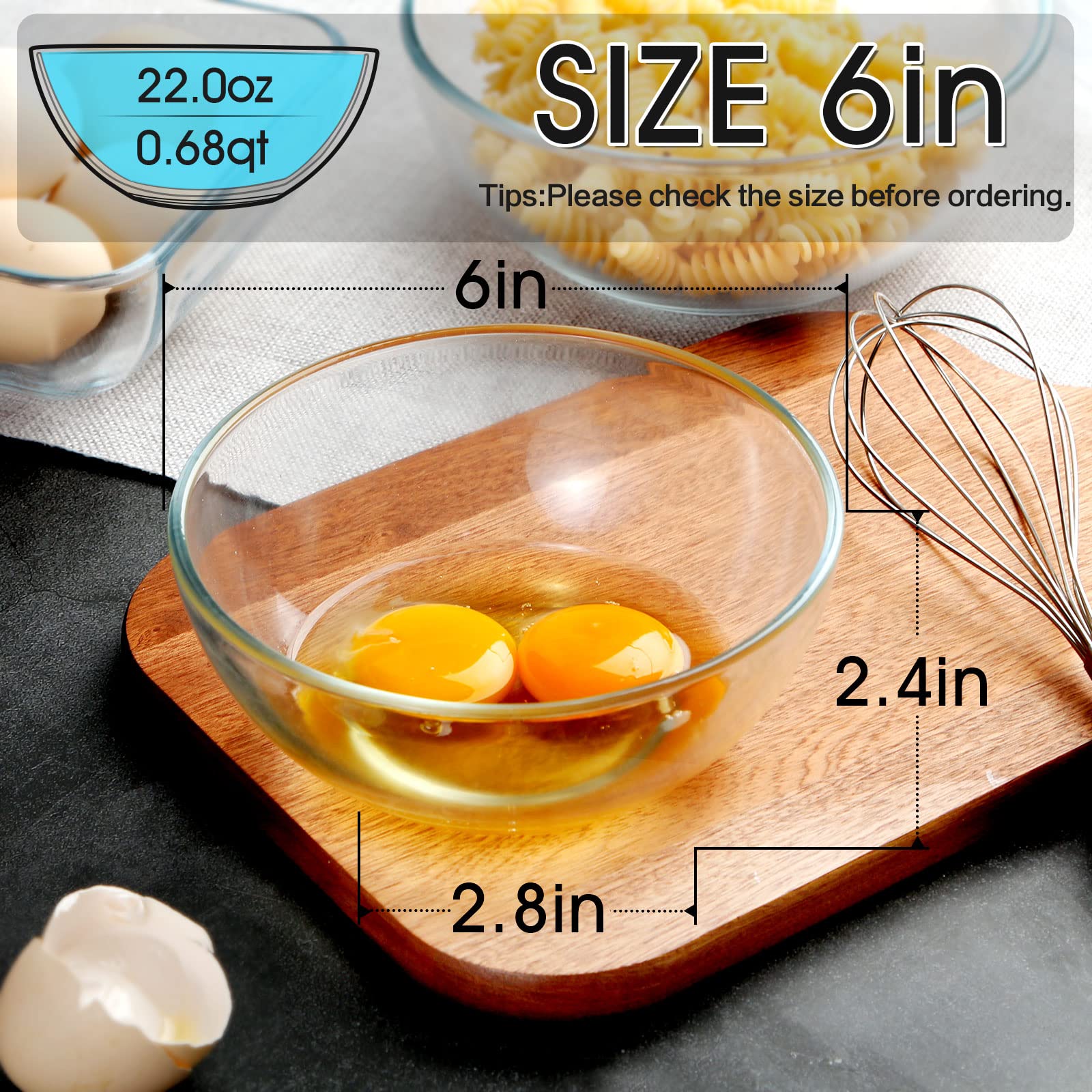 Nutriups 6 Inch Glass Bowls, 22Oz Small Glass Bowl Set, 6 Pack Clear Tempered Glass Cereal Bowls For Kitchen Microwave And Oven