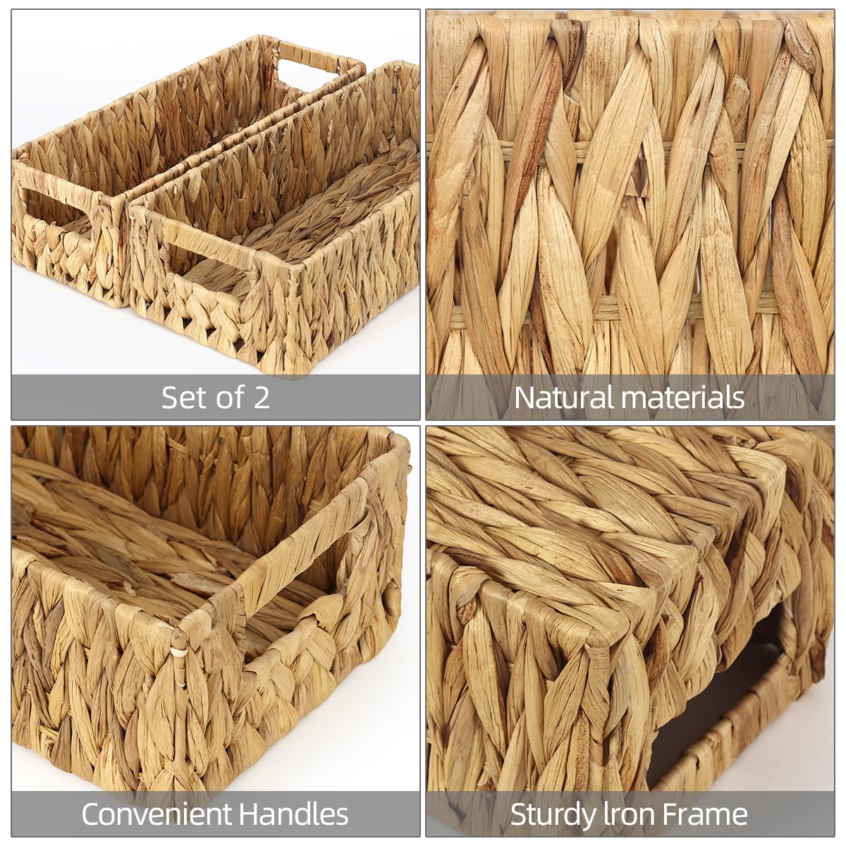 Weavelyrics [2-Pack, 2-Size] Wicker Storage Baskets With Handles, Water Hyacinth Storage Baskets, Handwoven Baskets For Shelves,