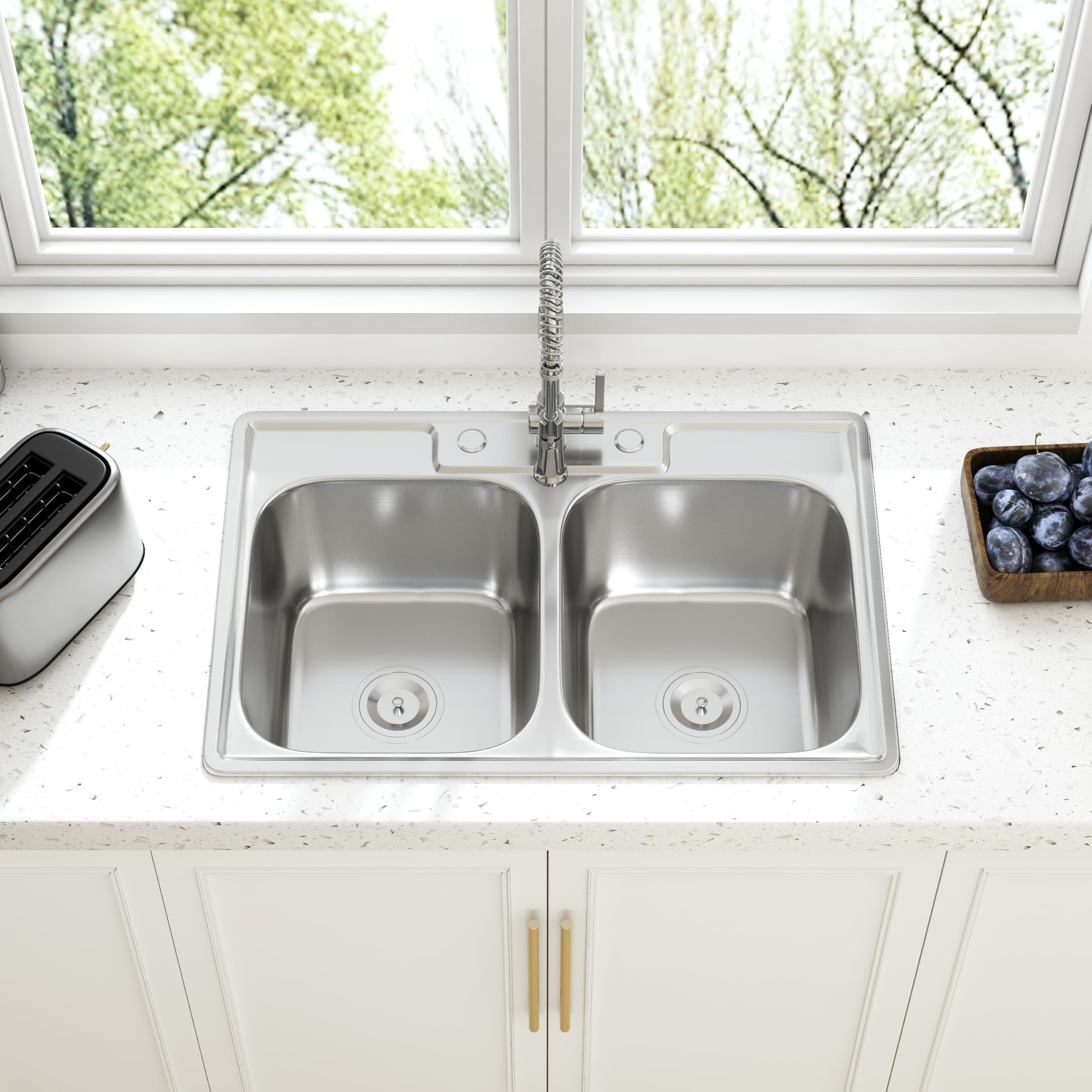 Joviprime 33 Inch Double Bowl Drop In 50/50 Kitchen Sink Top Mounted 18 Gauge 304 Stainless Steel Sink With Strainer 33'' X 22''