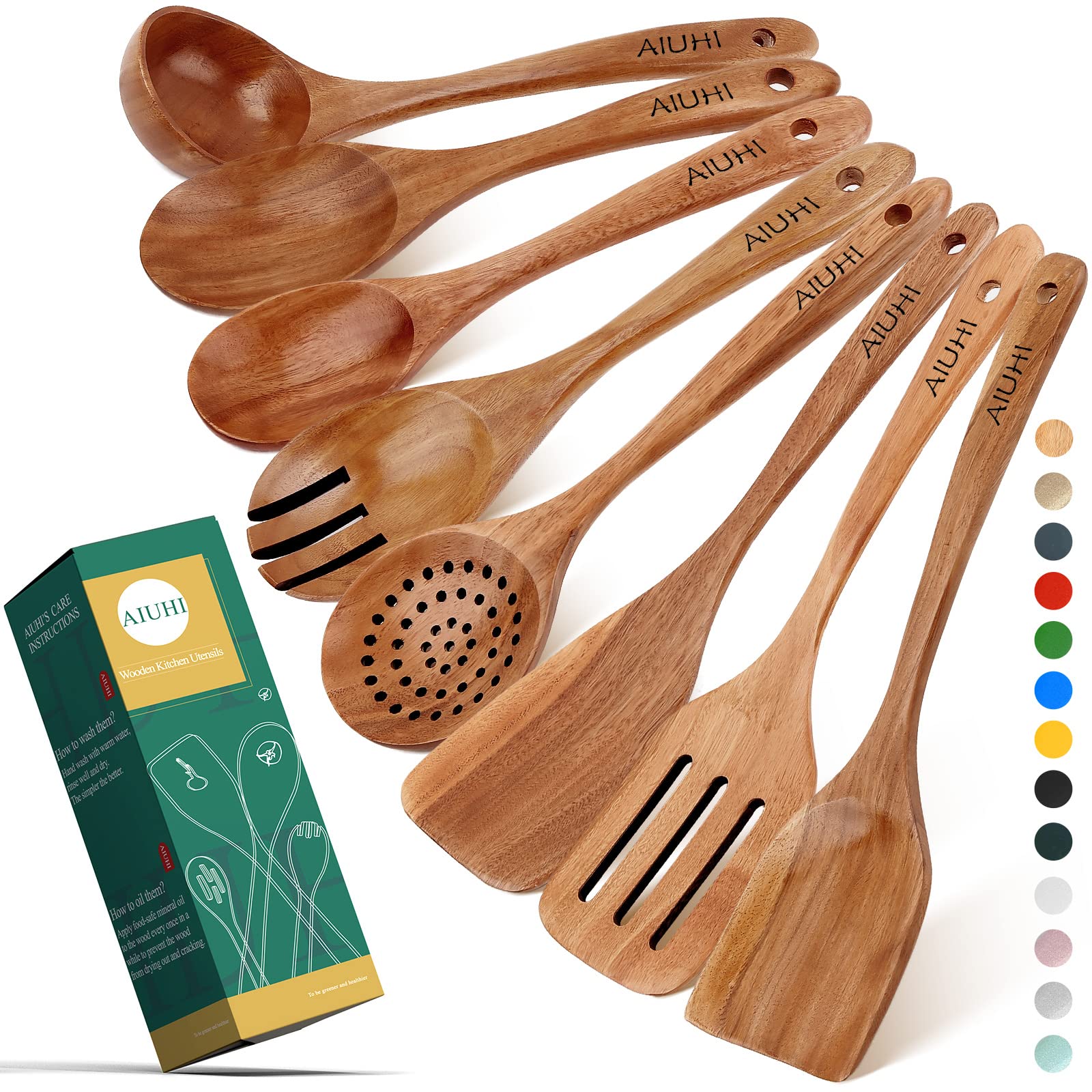 Wood Spoons For Cooking,Nonstick Kitchen Utensil Set,Wooden Spoons Cooking Utensil Set Non Scratch Natural Teak Wooden Utensils