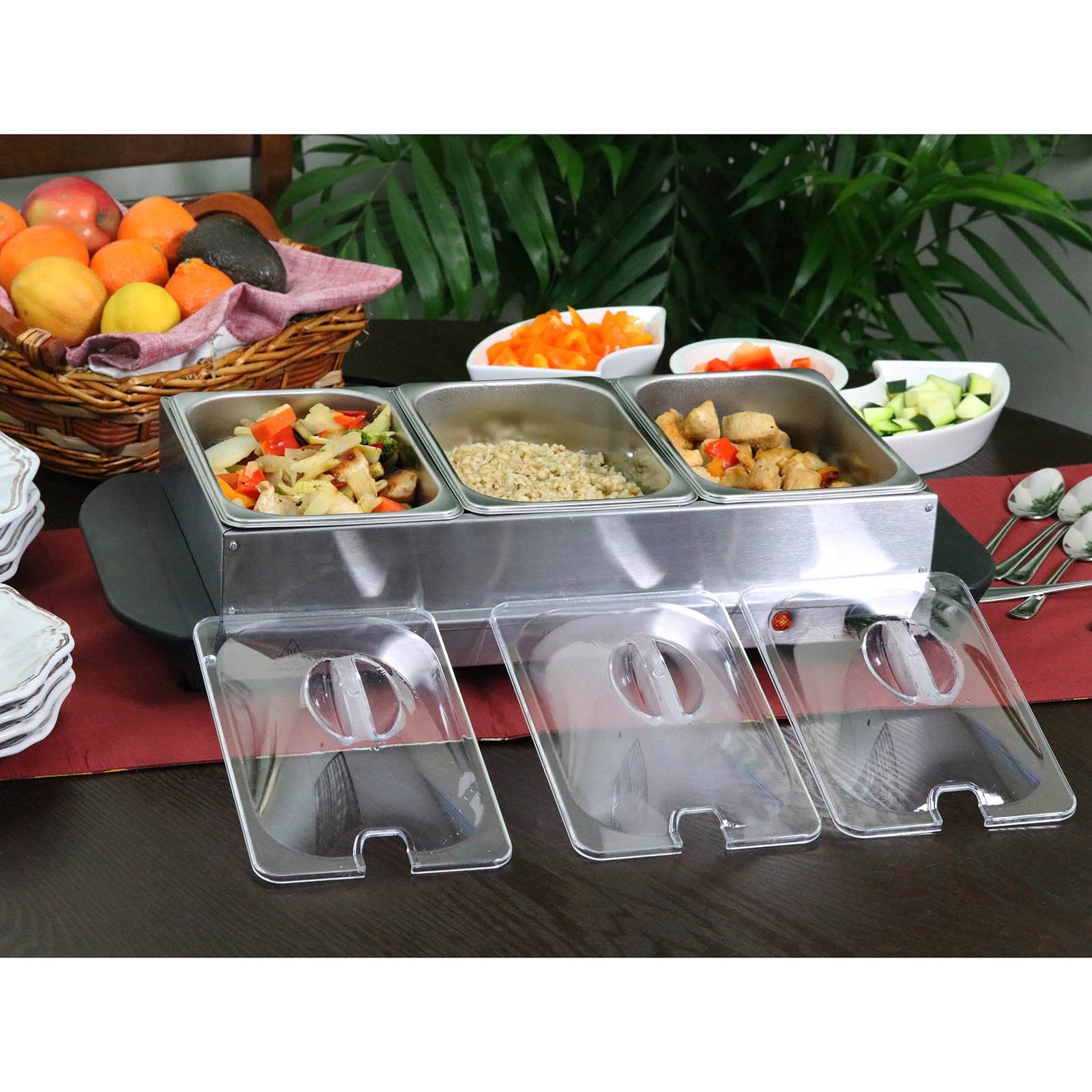 Megachef Stainless Steel Easy Clean Buffet Server & Food Warmer With 3 Sectional Trays