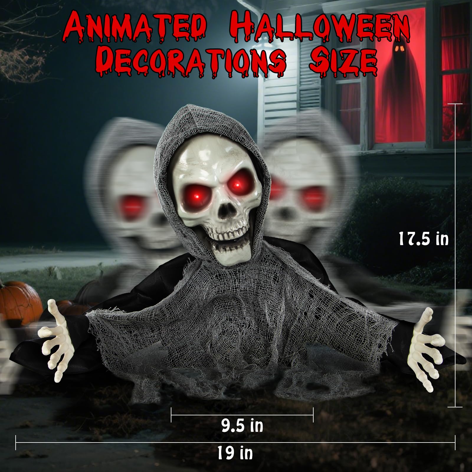 Boveco Halloween Animatronics Decoration Scary Skeleton Ghost Light-Up Eyes Sound & Activated Sensor Outdoor and Indoor Animated