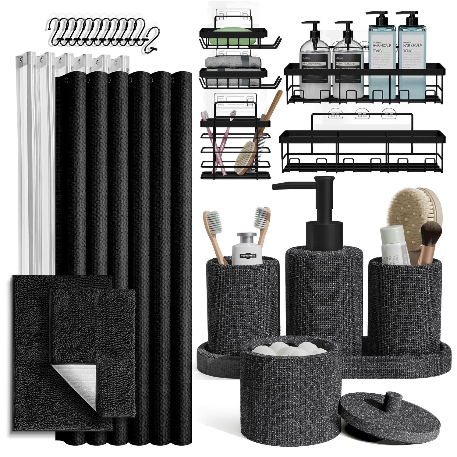 Clara Clark Coal Black Bathroom Set - Bathroom Sets with Shower Curtain and Rugs, 26PC Bathroom Accessory Set, Shower Curtain Se