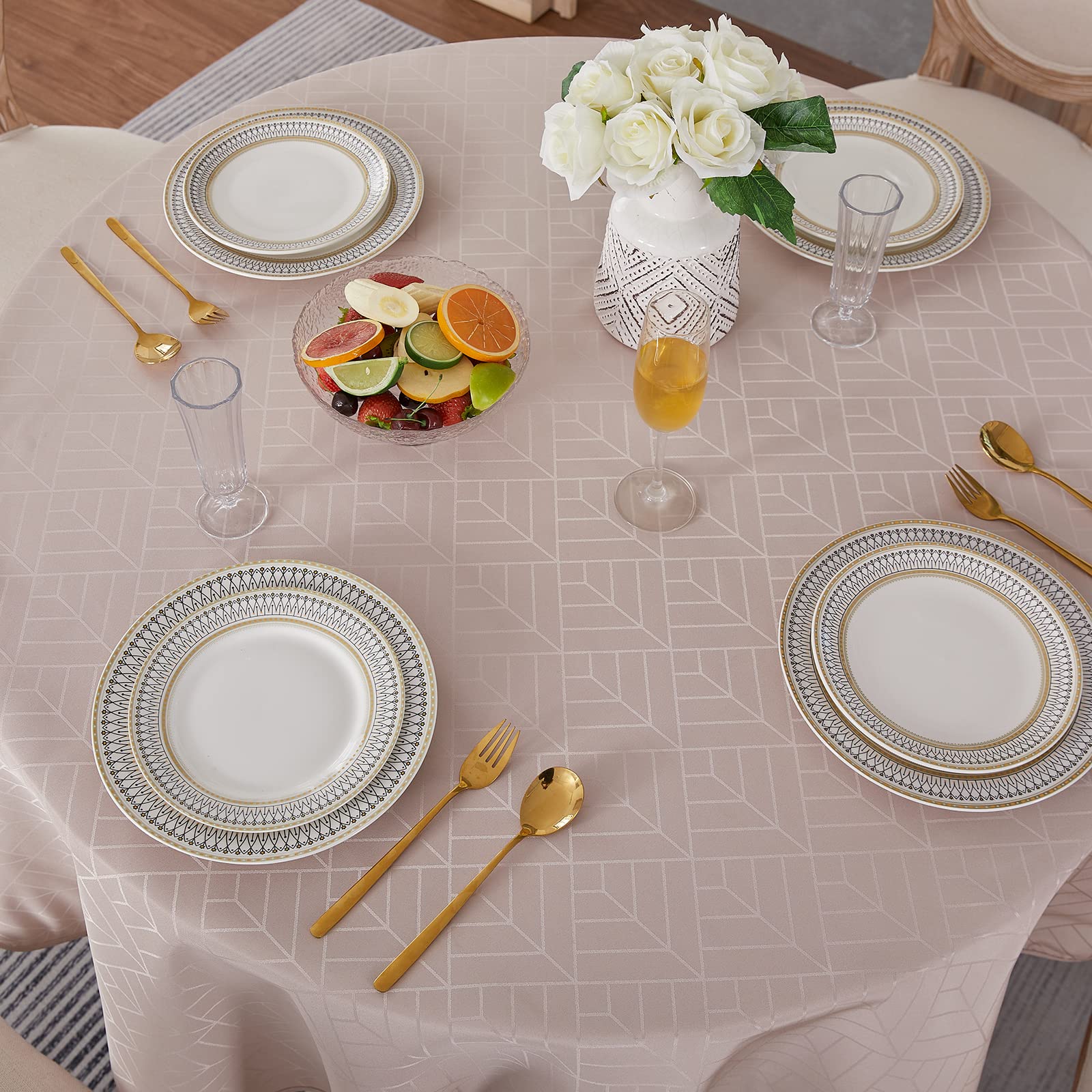 Efficinature Round Table Cloth Jacquard Round Tablecloth 60 Inch Geometry Pattern Silky Soft Waterproof Wrinkle Resistant Washab