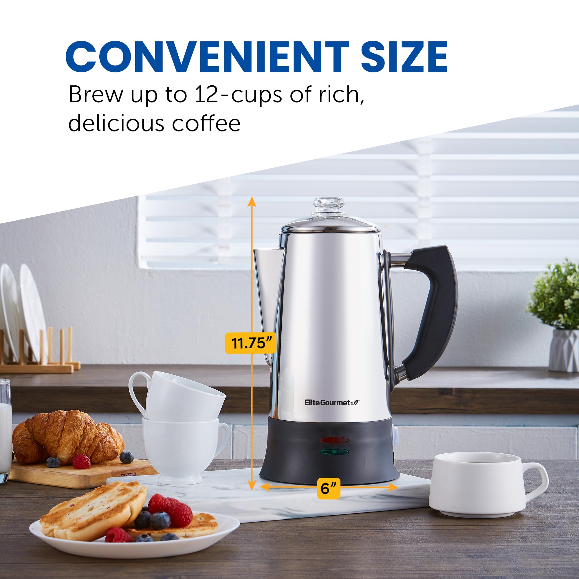Elite Gourmet Ec922 Electric Coffee Percolator, Glass Clear Brew Progress Knob, Cool-Touch Handle, Cordless Serve, 12-Cup, Stain