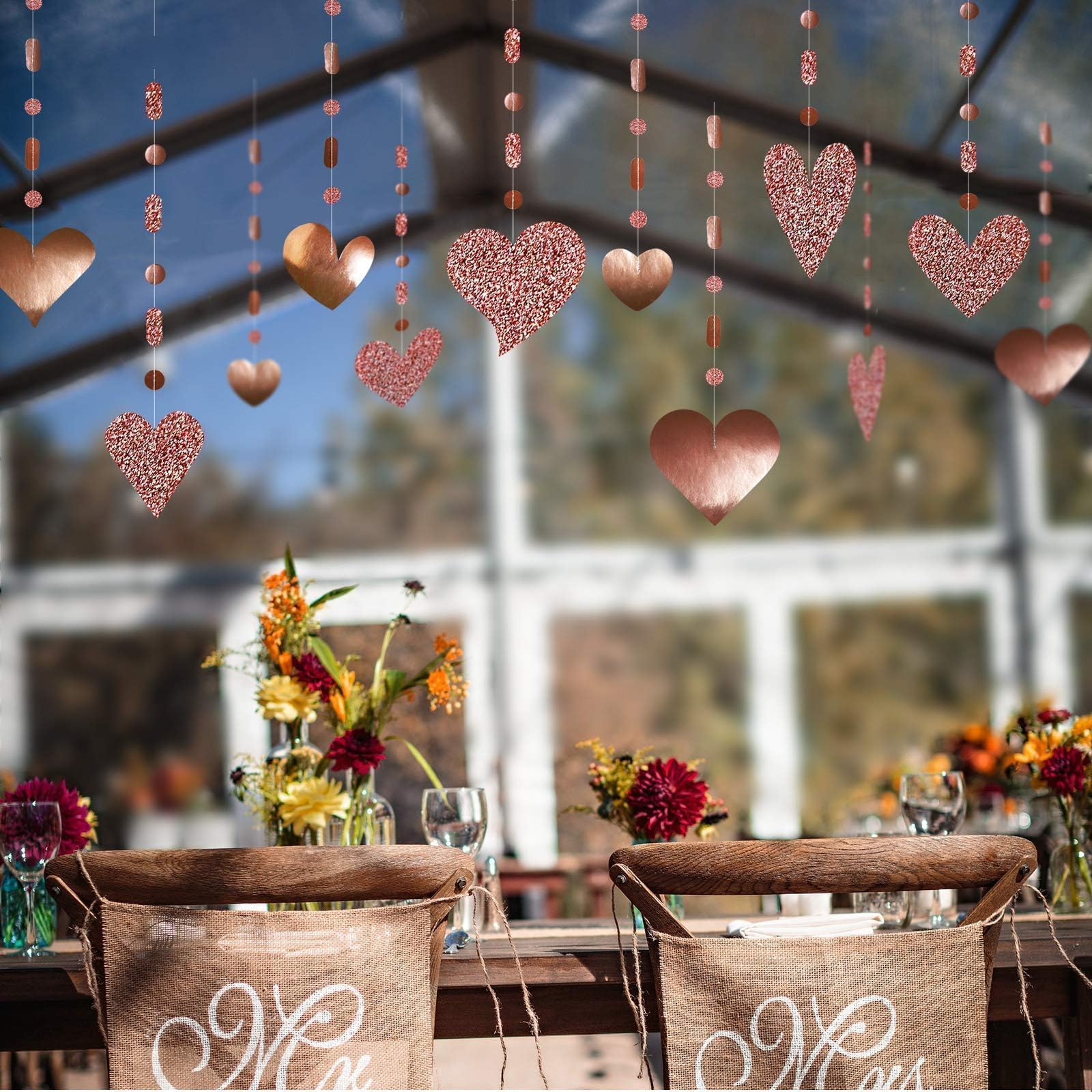 Cheerland 16 Pcs Glitter Rose Gold Heart Garland Decorations Hanging Garlands Streamer Banner Backdrop Valentines Mother's Day Wedding Anniversary Engagement Birthday Party Supplies Red Glittering