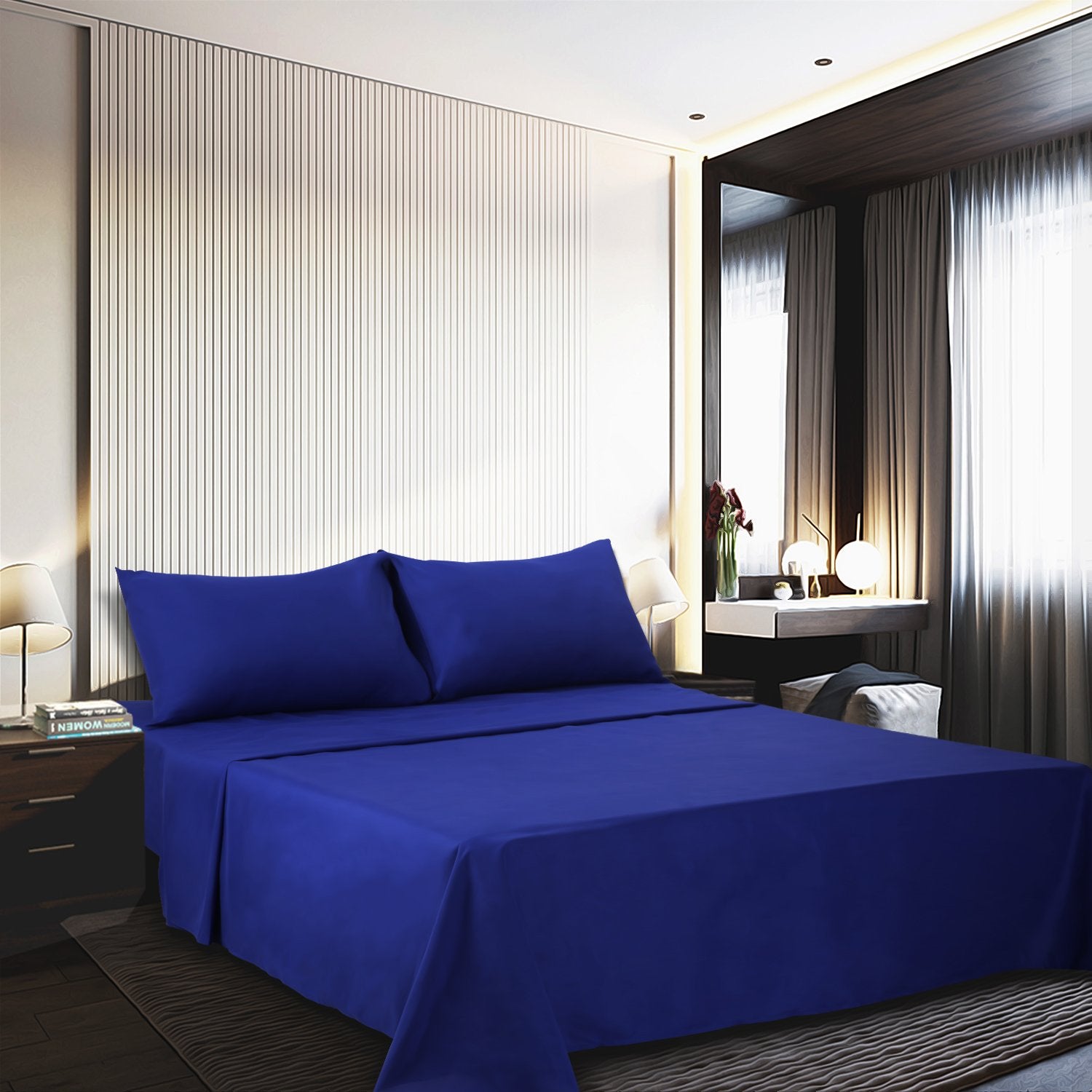 4 Piece Bed Sheet Set (Full,Royal Blue) 1 Flat Sheet,1 Fitted Sheet And 2 Pillow Cases,Brushed Microfiber Luxury Bedding With De